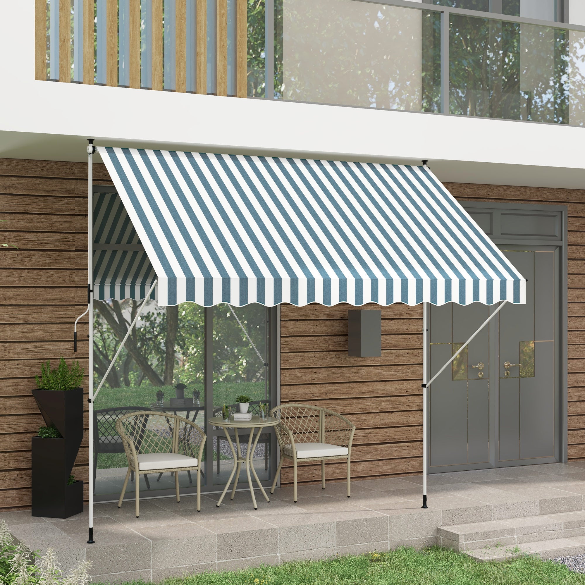 Clamp Awning with Hand Crank, Height Adjustable, Jointed Arm Awning, Dirt-Repellent, Weather-Resistant, Balcony Awning 150cm Wide, Terrace Awning for Terrace, Balcony, Porch Green+White