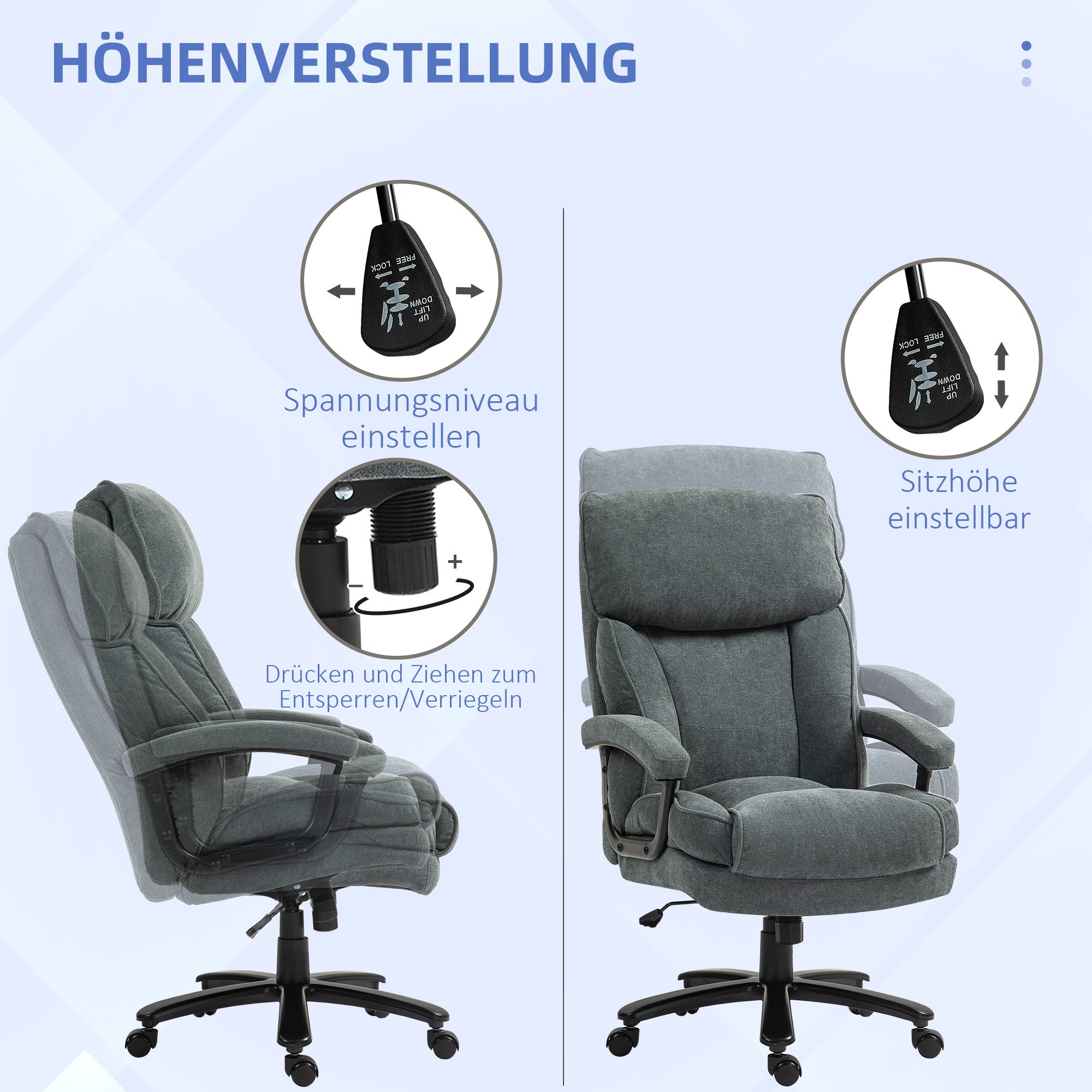 Office Chair, Ergonomic Desk Chair with Rocking Function, Linen-Like Fabric, Height Adjustable PC Chair with Swivel Function, Thick Cushions, Supports up to 200 kg, for Home-Office, Grey