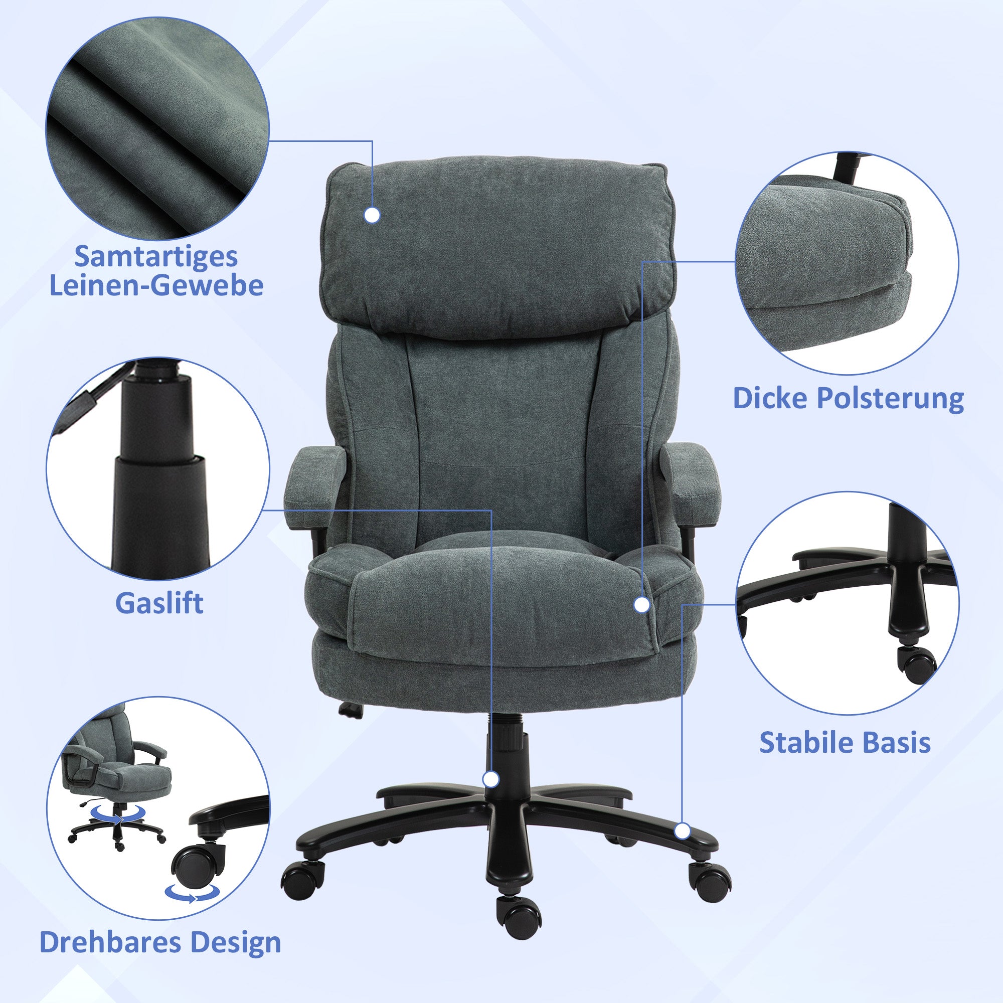 Office Chair, Ergonomic Desk Chair with Rocking Function, Linen-Like Fabric, Height Adjustable PC Chair with Swivel Function, Thick Cushions, Supports up to 200 kg, for Home-Office, Grey