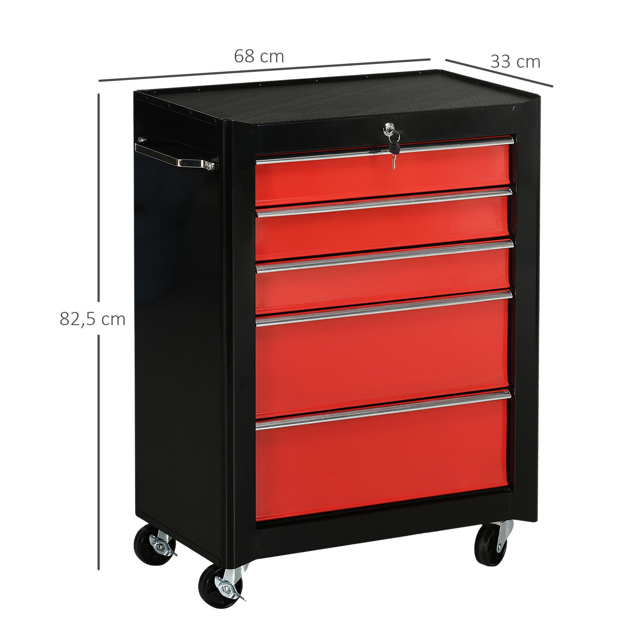 5-Drawer Steel Workshop Trolley – Lockable Mobile Tool Cart with EVA Drawer Liners, Red & Black