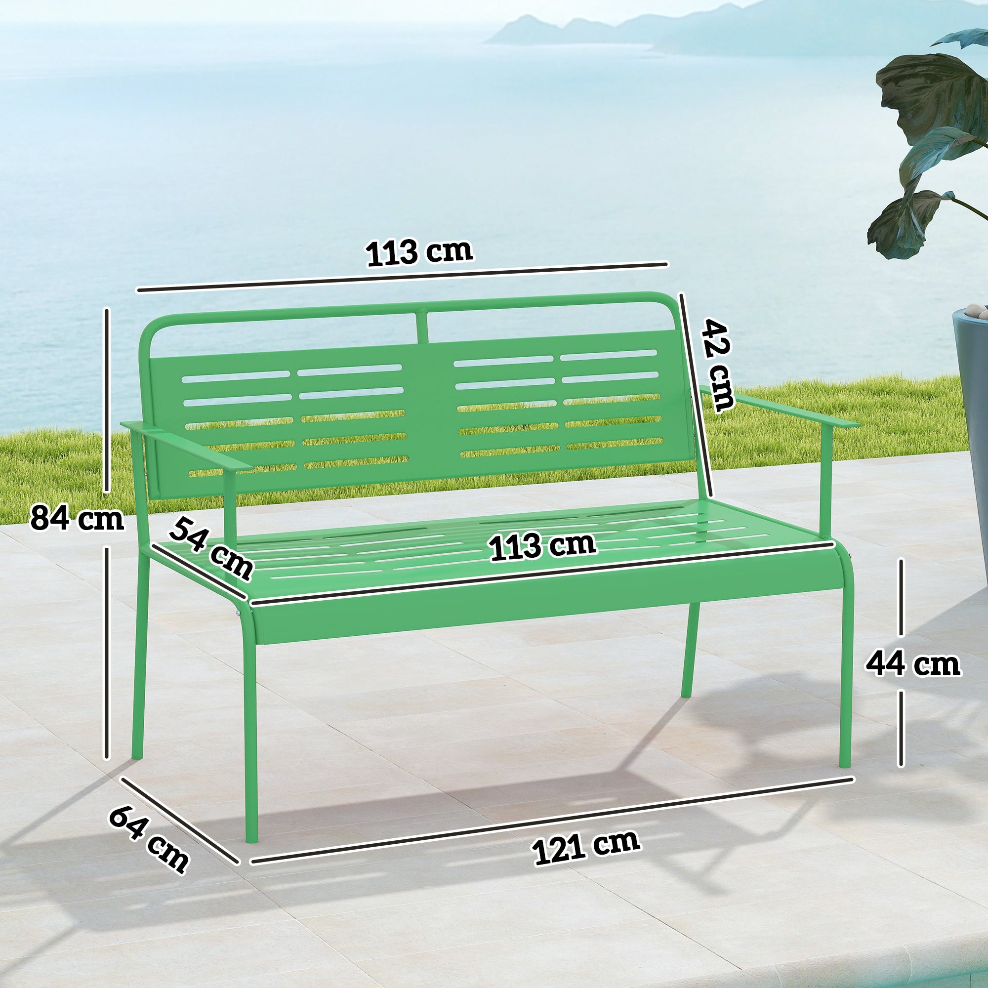 2-Seater Garden Bench Outdoor Bench in Steel with Armrests and Backrest for Balcony Terrace Patio Veranda Lawn, 121 x 64 x 84 cm, Green
