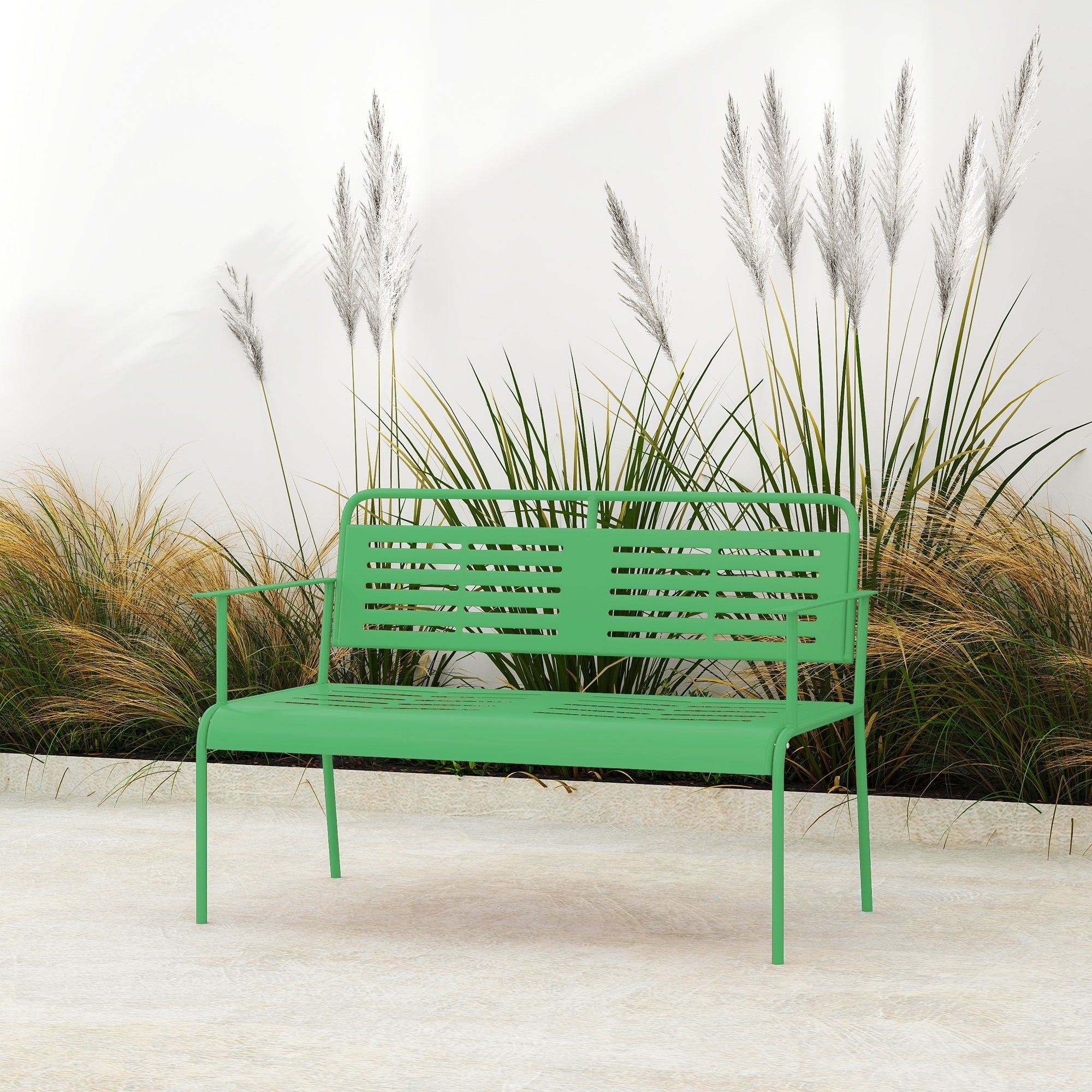 2-Seater Garden Bench Outdoor Bench in Steel with Armrests and Backrest for Balcony Terrace Patio Veranda Lawn, 121 x 64 x 84 cm, Green