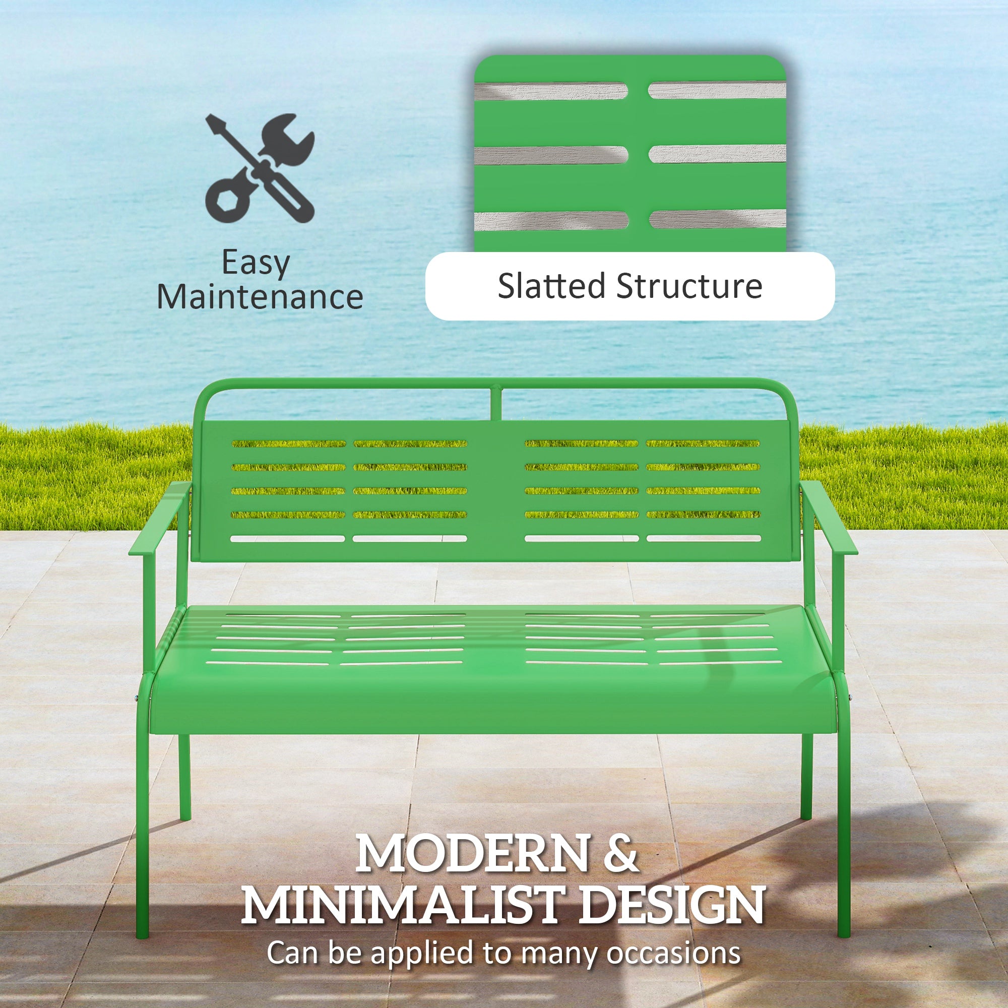 2-Seater Garden Bench Outdoor Bench in Steel with Armrests and Backrest for Balcony Terrace Patio Veranda Lawn, 121 x 64 x 84 cm, Green