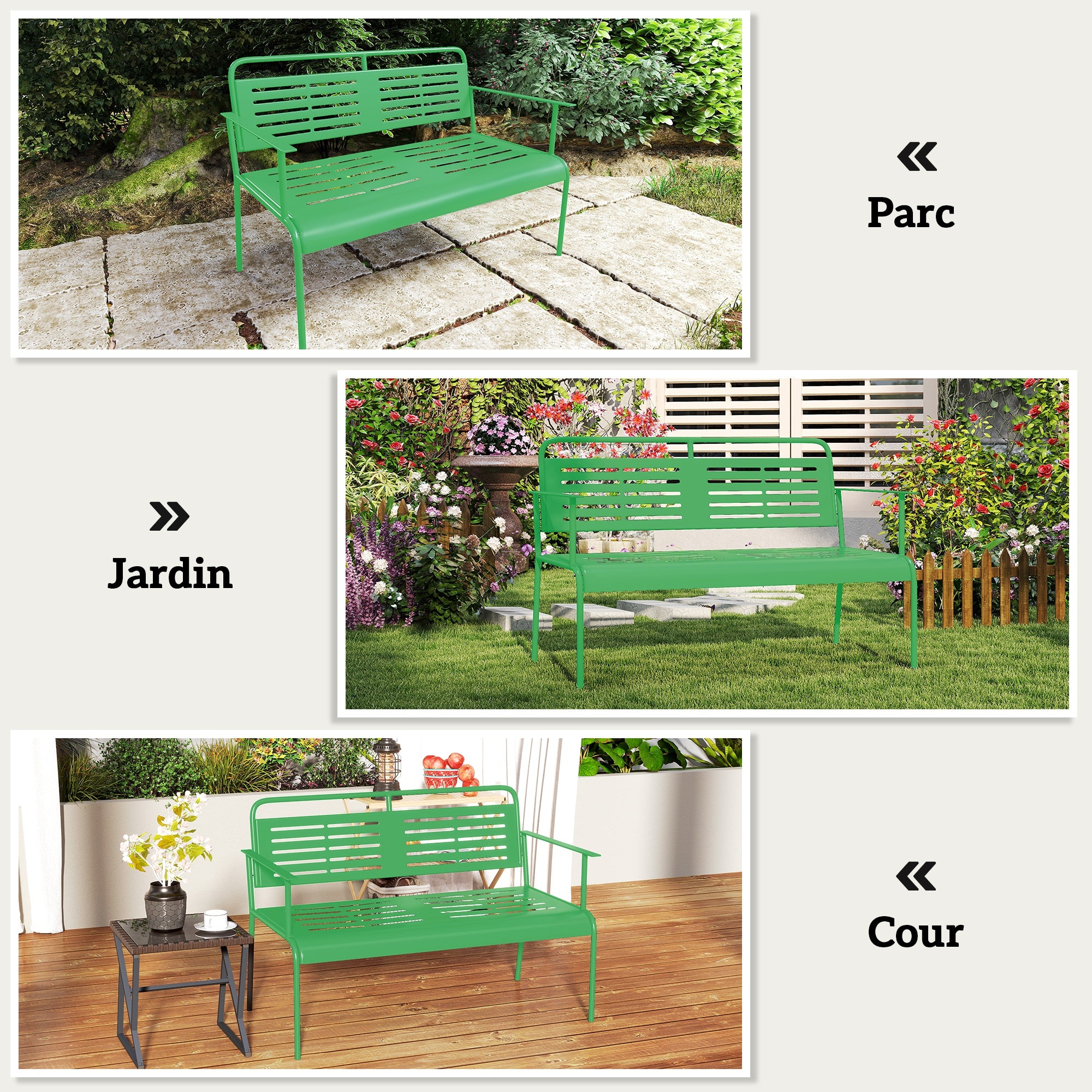 2-Seater Garden Bench Outdoor Bench in Steel with Armrests and Backrest for Balcony Terrace Patio Veranda Lawn, 121 x 64 x 84 cm, Green