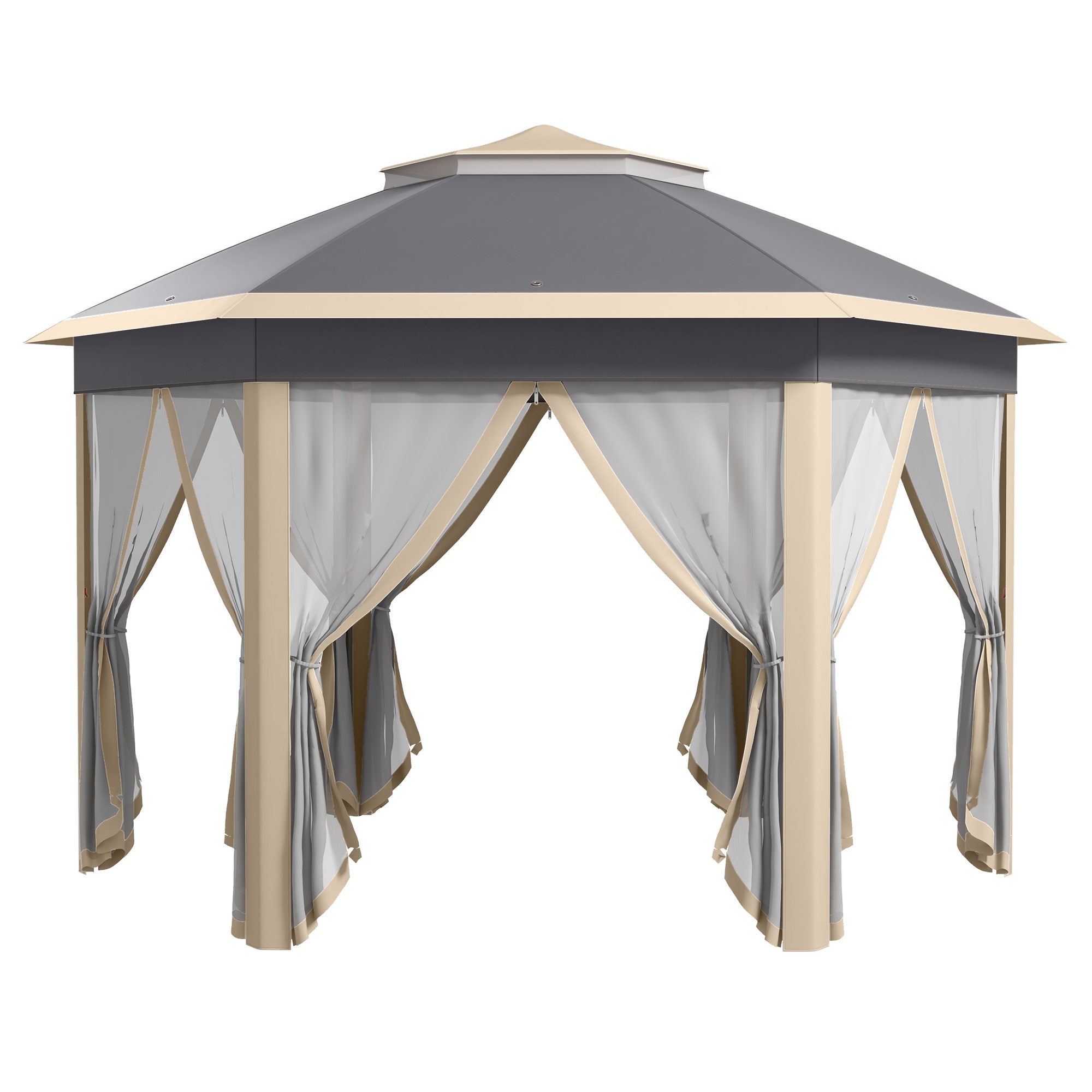 Pavilion 4x4m Waterproof Pop-up Hexagonal Foldable Pavilion, Double Roof, Garden Pavilion with 6 Side Panels, Party Tent incl. Carry Bag, for Garden, Terrace, Festival, Beige+Khaki