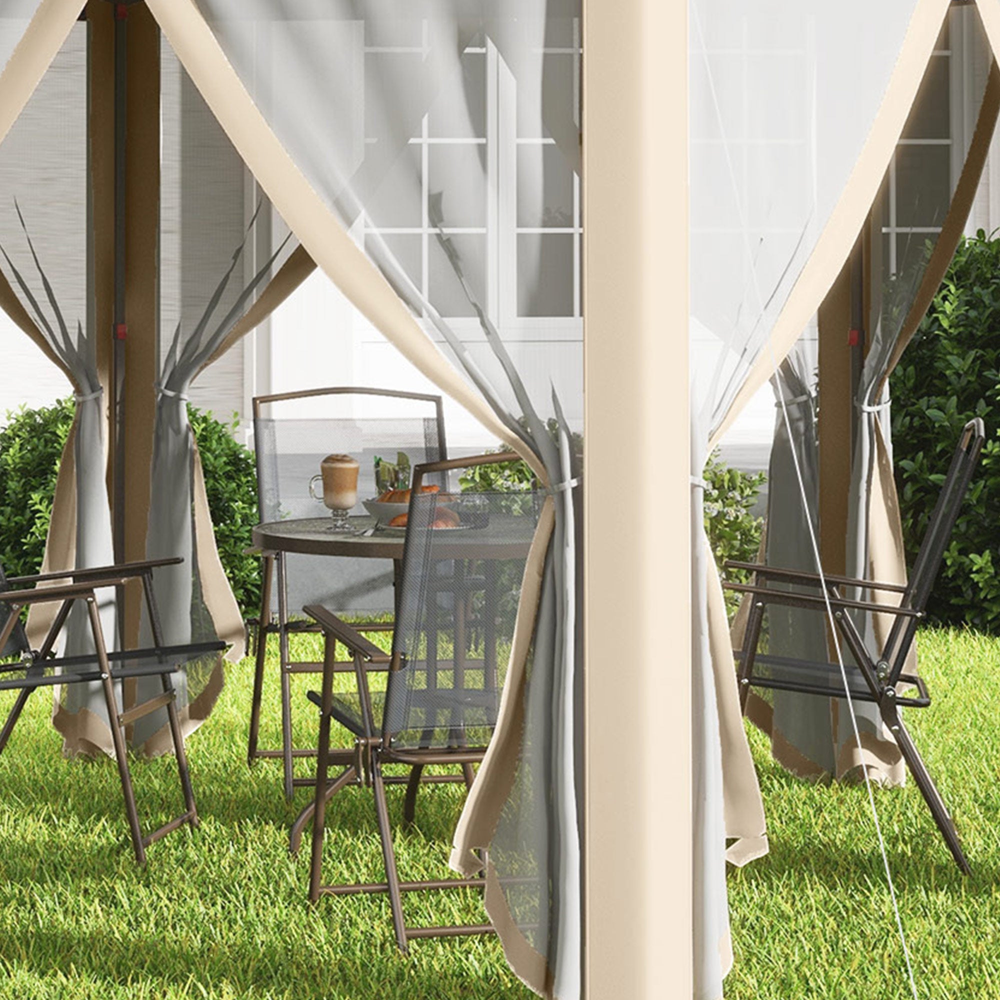 Pavilion 4x4m Waterproof Pop-up Hexagonal Foldable Pavilion, Double Roof, Garden Pavilion with 6 Side Panels, Party Tent incl. Carry Bag, for Garden, Terrace, Festival, Beige+Khaki