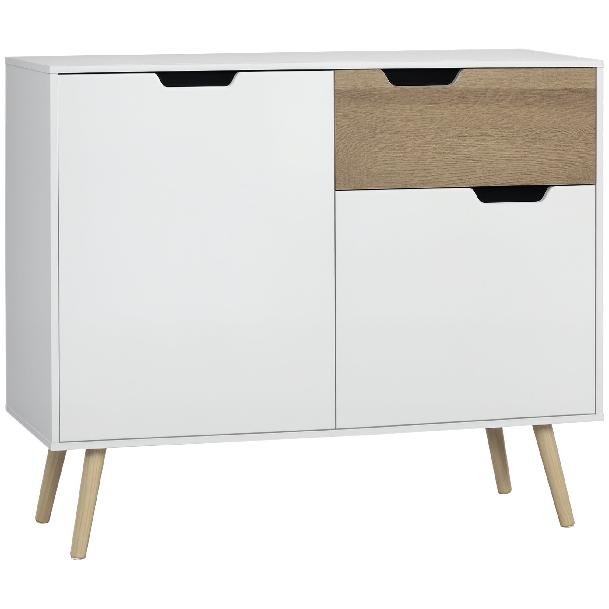 Scandinavian style freestanding storage sideboard with cupboards for Bathroom, Living Room, Kitchen, Solid Pinewood Legs - White - dim. 98L x 39W x 81.5H cm