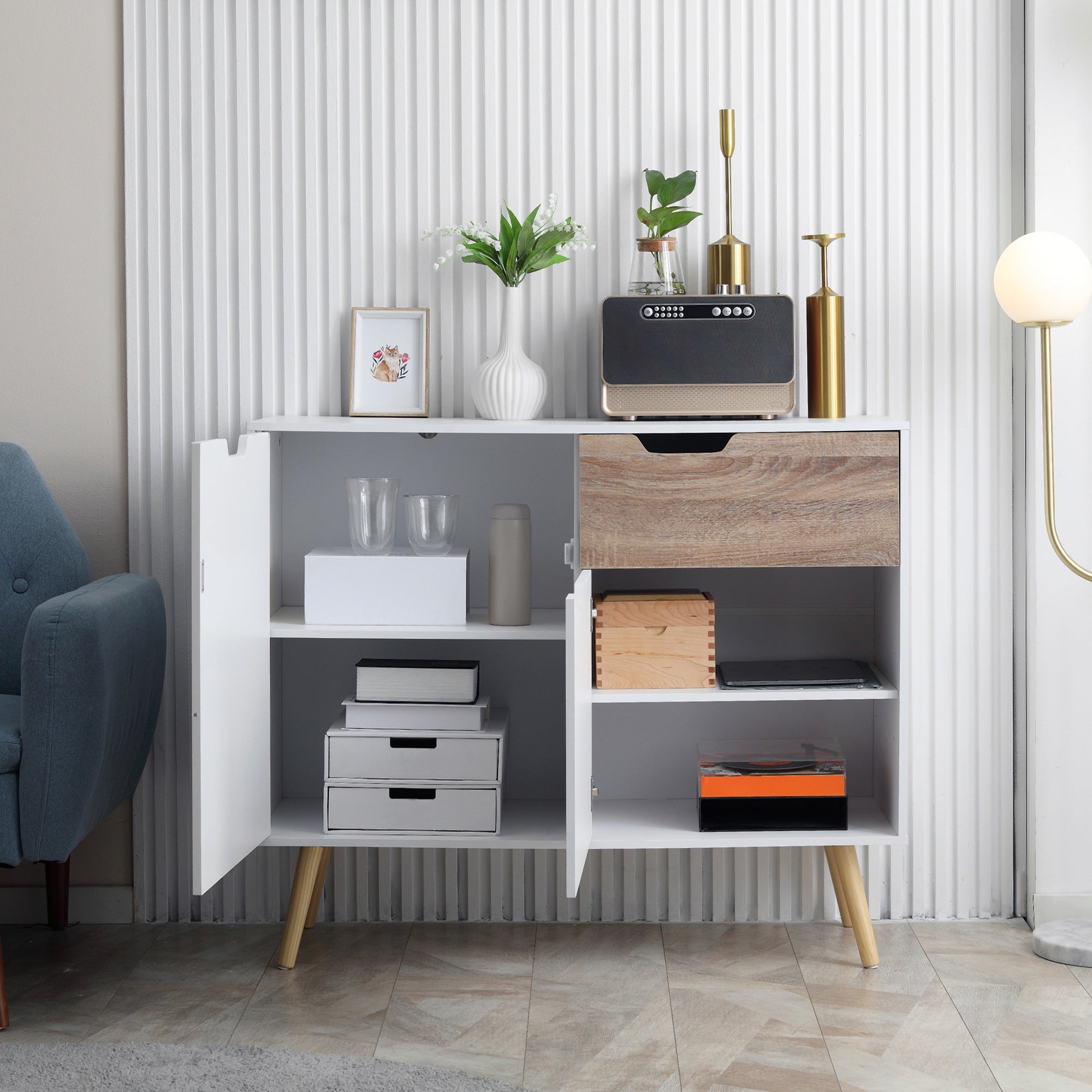 Scandinavian style freestanding storage sideboard with cupboards for Bathroom, Living Room, Kitchen, Solid Pinewood Legs - White - dim. 98L x 39W x 81.5H cm