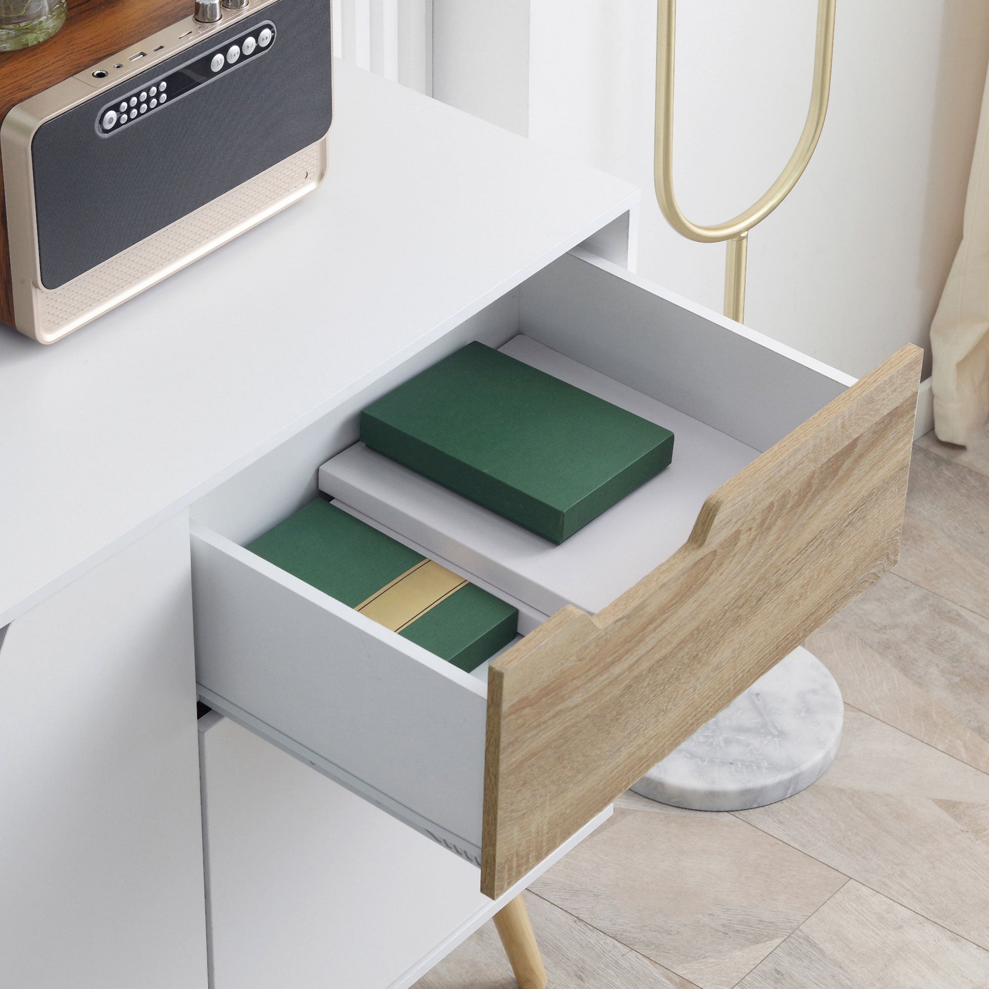 Scandinavian style freestanding storage sideboard with cupboards for Bathroom, Living Room, Kitchen, Solid Pinewood Legs - White - dim. 98L x 39W x 81.5H cm