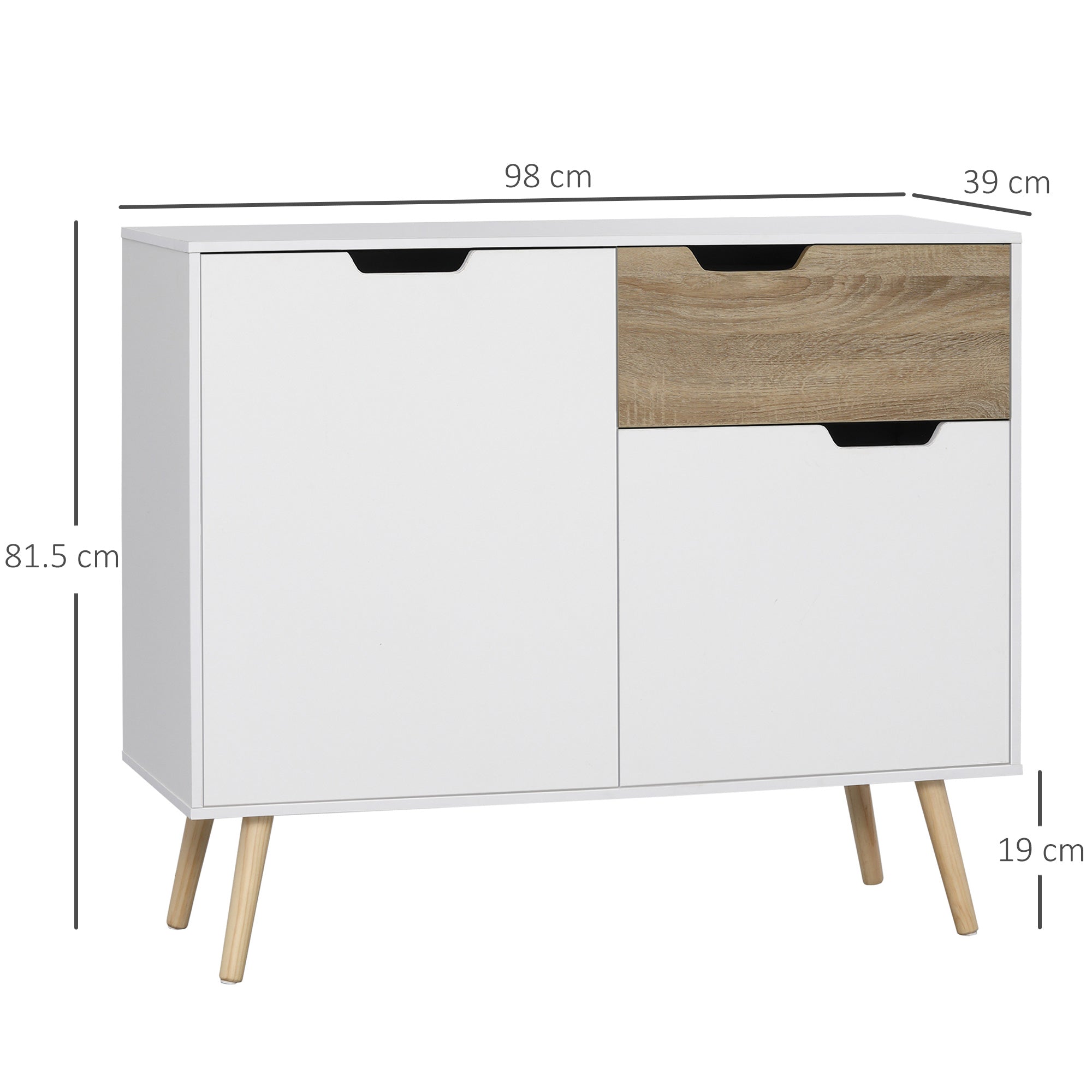 Scandinavian style freestanding storage sideboard with cupboards for Bathroom, Living Room, Kitchen, Solid Pinewood Legs - White - dim. 98L x 39W x 81.5H cm