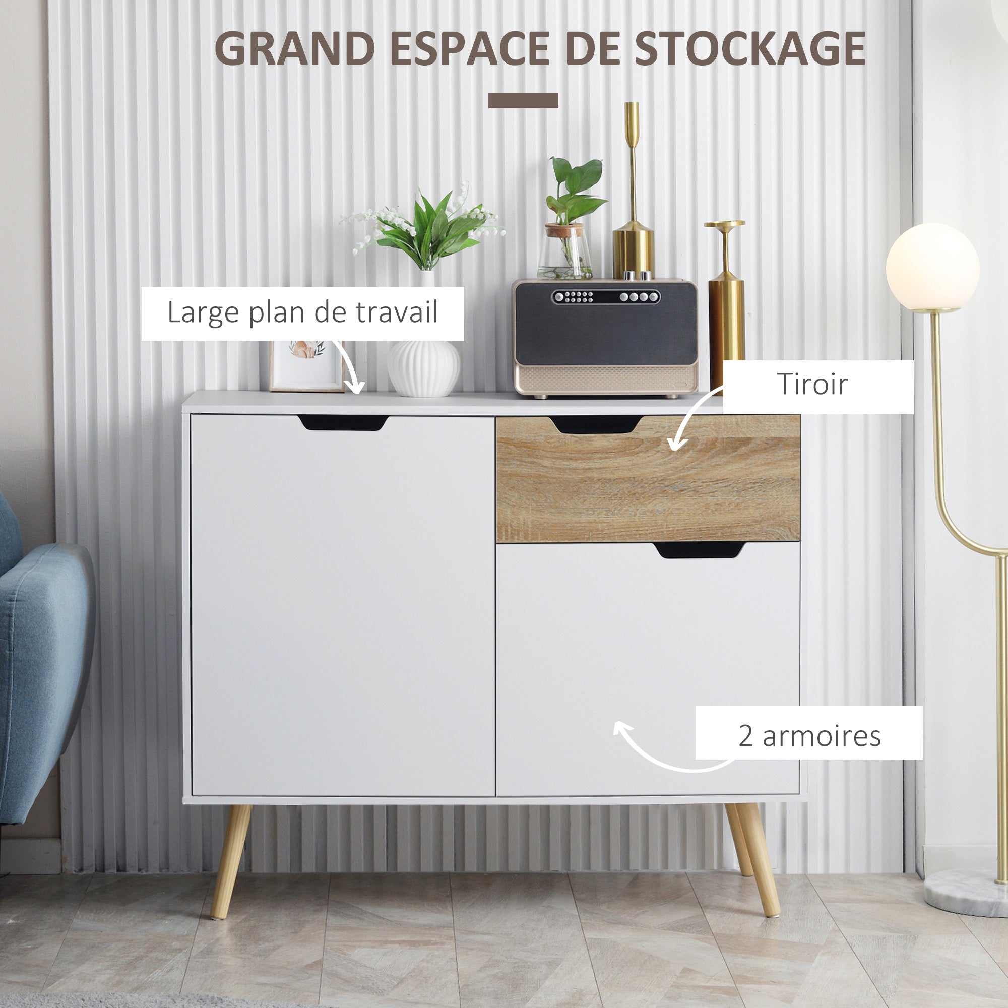 Scandinavian style freestanding storage sideboard with cupboards for Bathroom, Living Room, Kitchen, Solid Pinewood Legs - White - dim. 98L x 39W x 81.5H cm