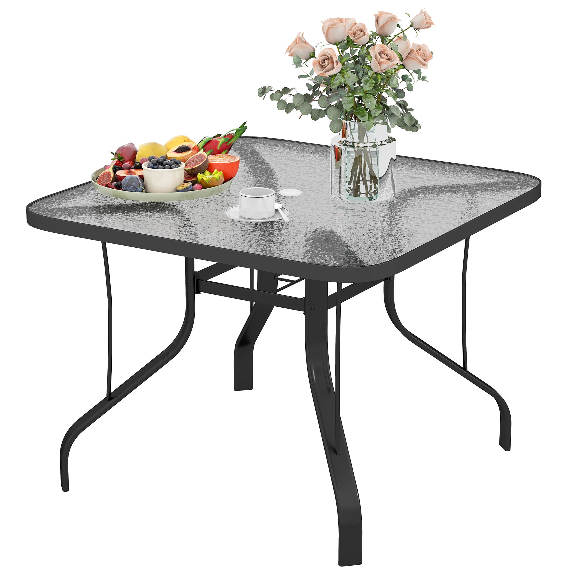 4-Seater Garden Table with 54mm Umbrella Hole, Outdoor Dining Table in Metal and Tempered Glass, For Patio, Terrace, Balcony and Outdoor, 96.5x96.5x70 cm, Black