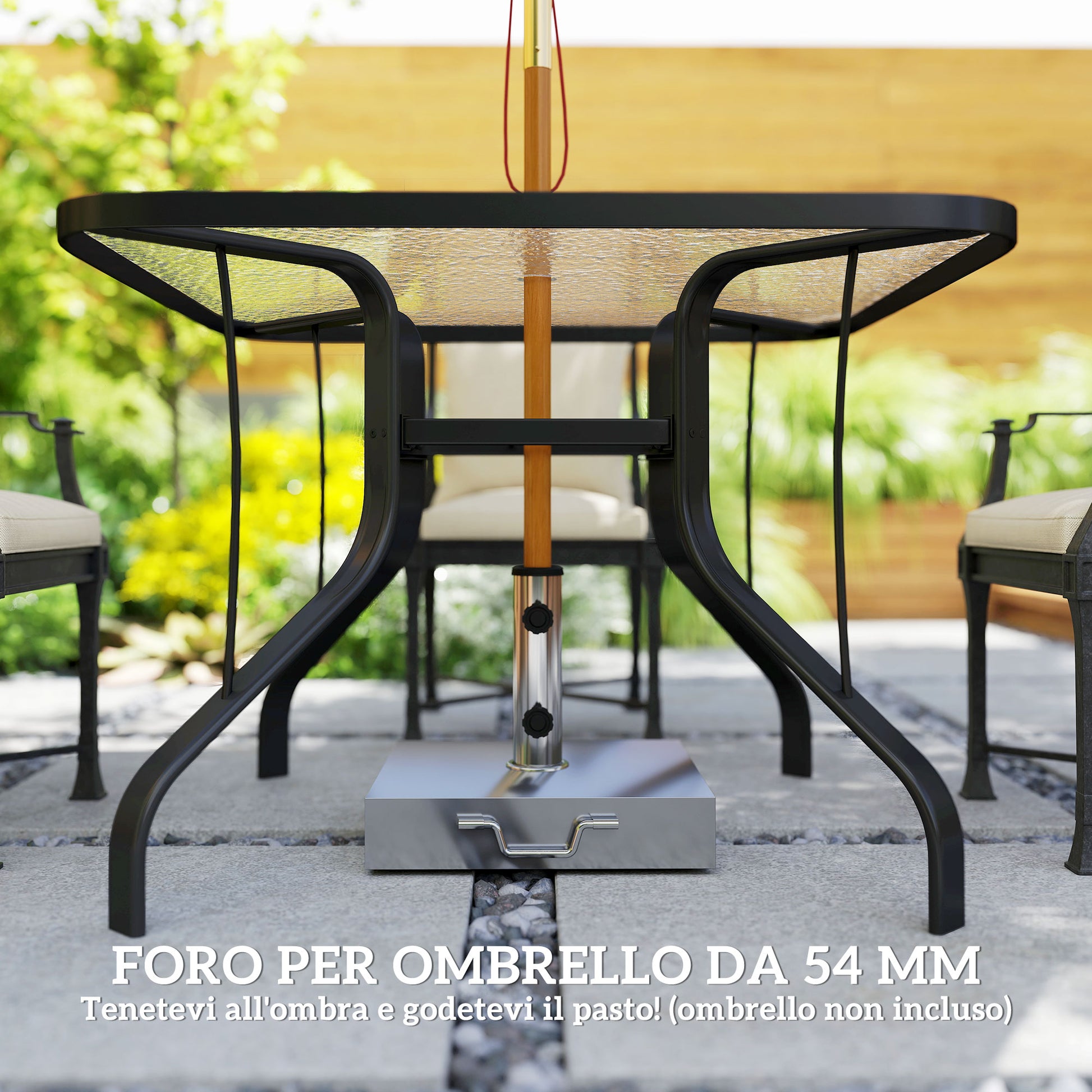 4-Seater Garden Table with 54mm Umbrella Hole, Outdoor Dining Table in Metal and Tempered Glass, For Patio, Terrace, Balcony and Outdoor, 96.5x96.5x70 cm, Black