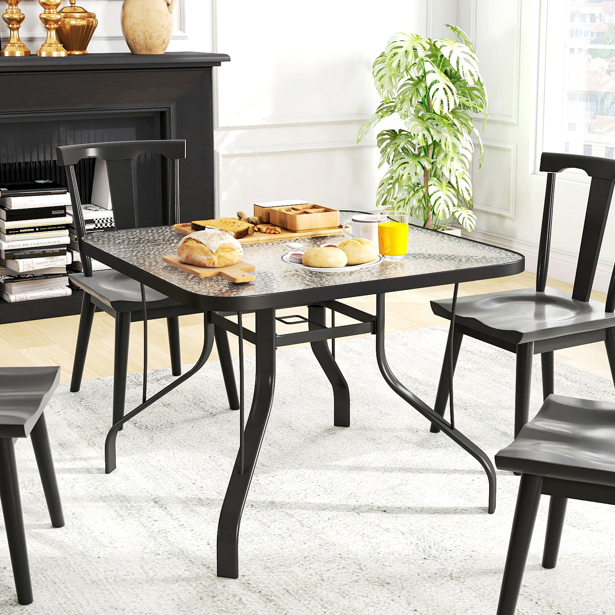 4-Seater Garden Table with 54mm Umbrella Hole, Outdoor Dining Table in Metal and Tempered Glass, For Patio, Terrace, Balcony and Outdoor, 96.5x96.5x70 cm, Black