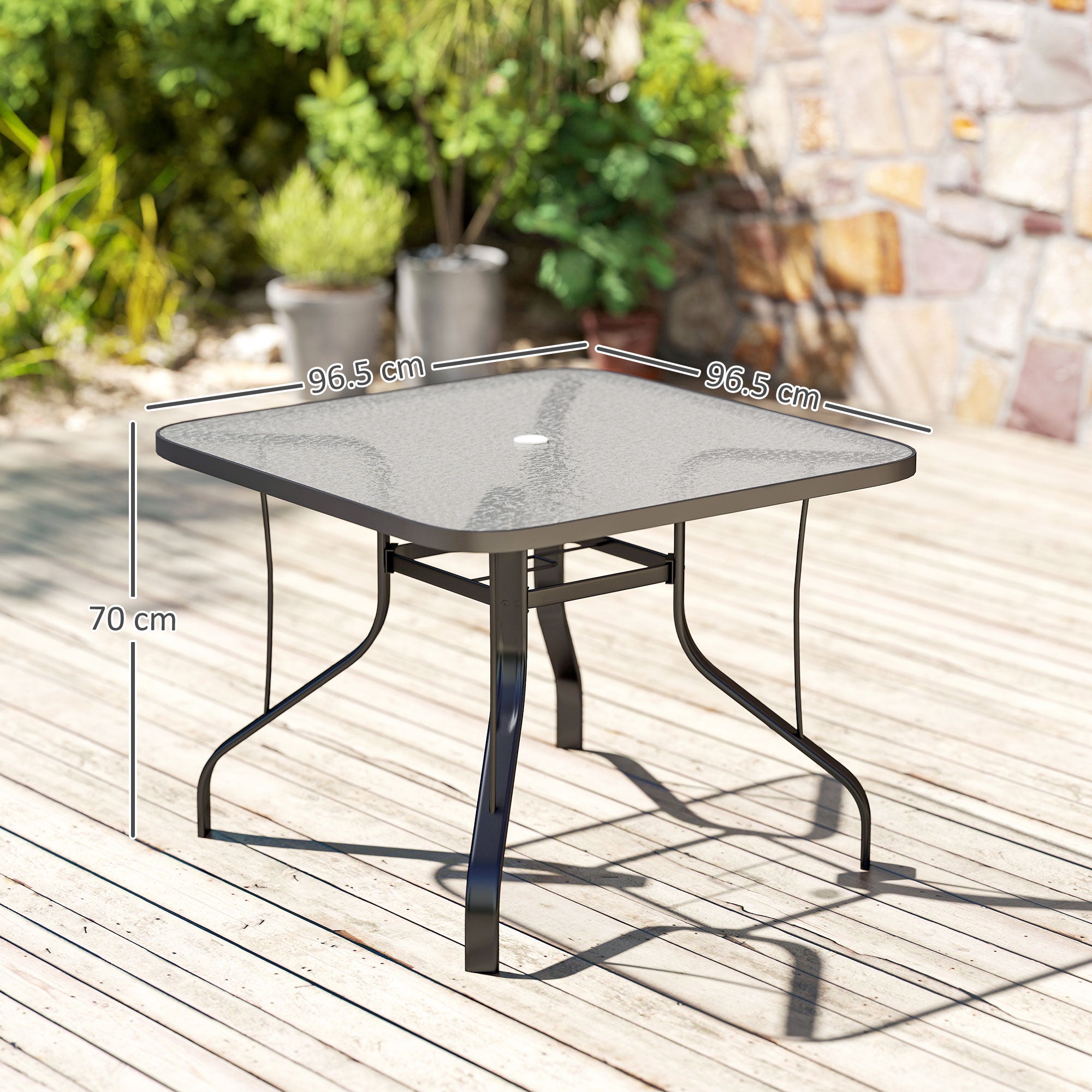 4-Seater Garden Table with 54mm Umbrella Hole, Outdoor Dining Table in Metal and Tempered Glass, For Patio, Terrace, Balcony and Outdoor, 96.5x96.5x70 cm, Black
