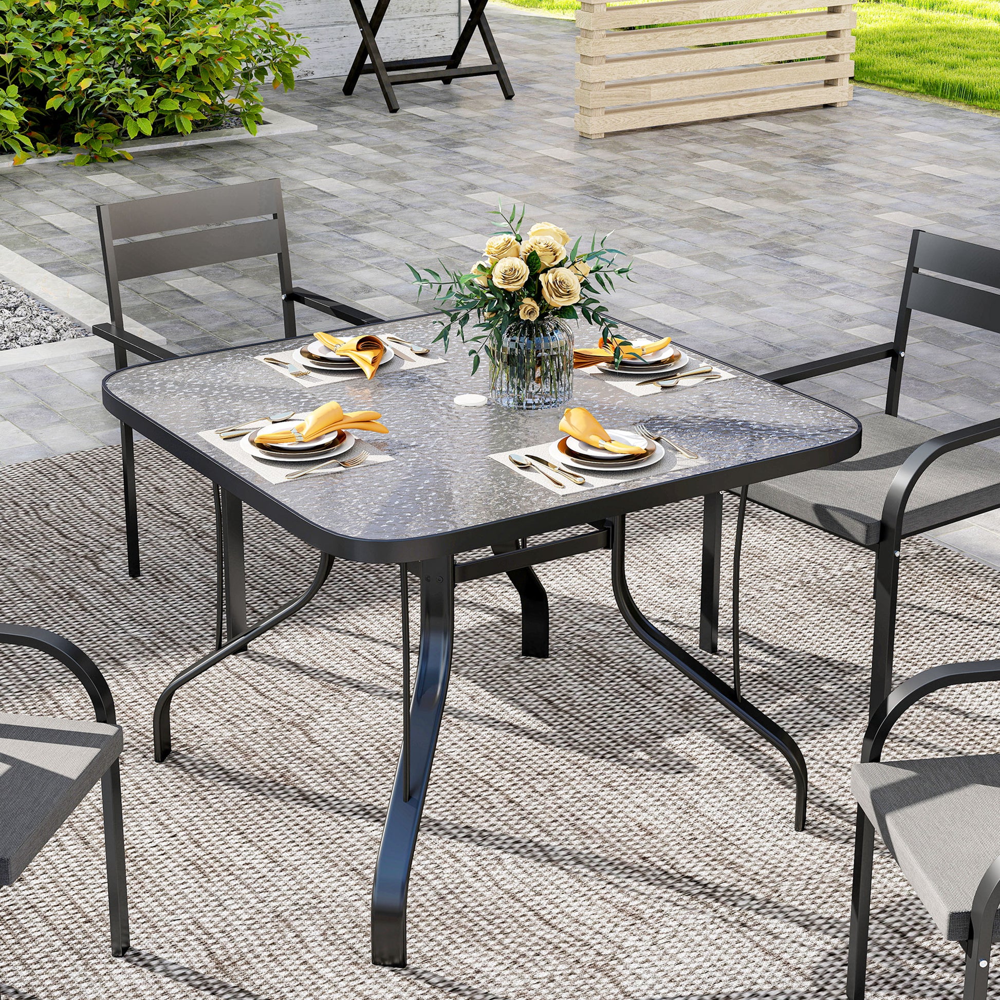 4-Seater Garden Table with 54mm Umbrella Hole, Outdoor Dining Table in Metal and Tempered Glass, For Patio, Terrace, Balcony and Outdoor, 96.5x96.5x70 cm, Black