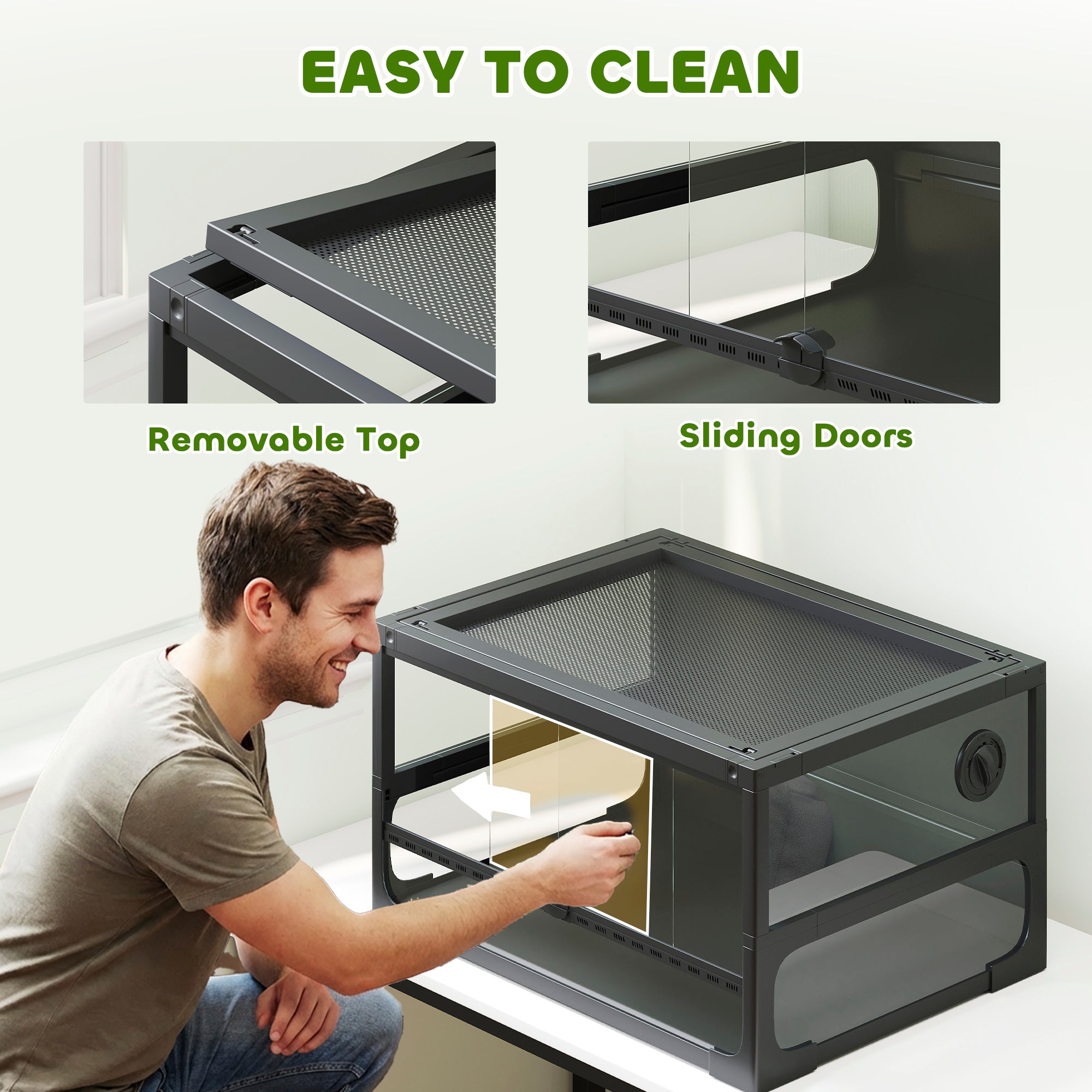 Raised Foldable Reptile Terrarium 24 x 18 x 13 in (60 x 45 x 32 cm) — Tempered Glass, Lockable Lid, Feeding Door, Mesh Ventilation, 360° View