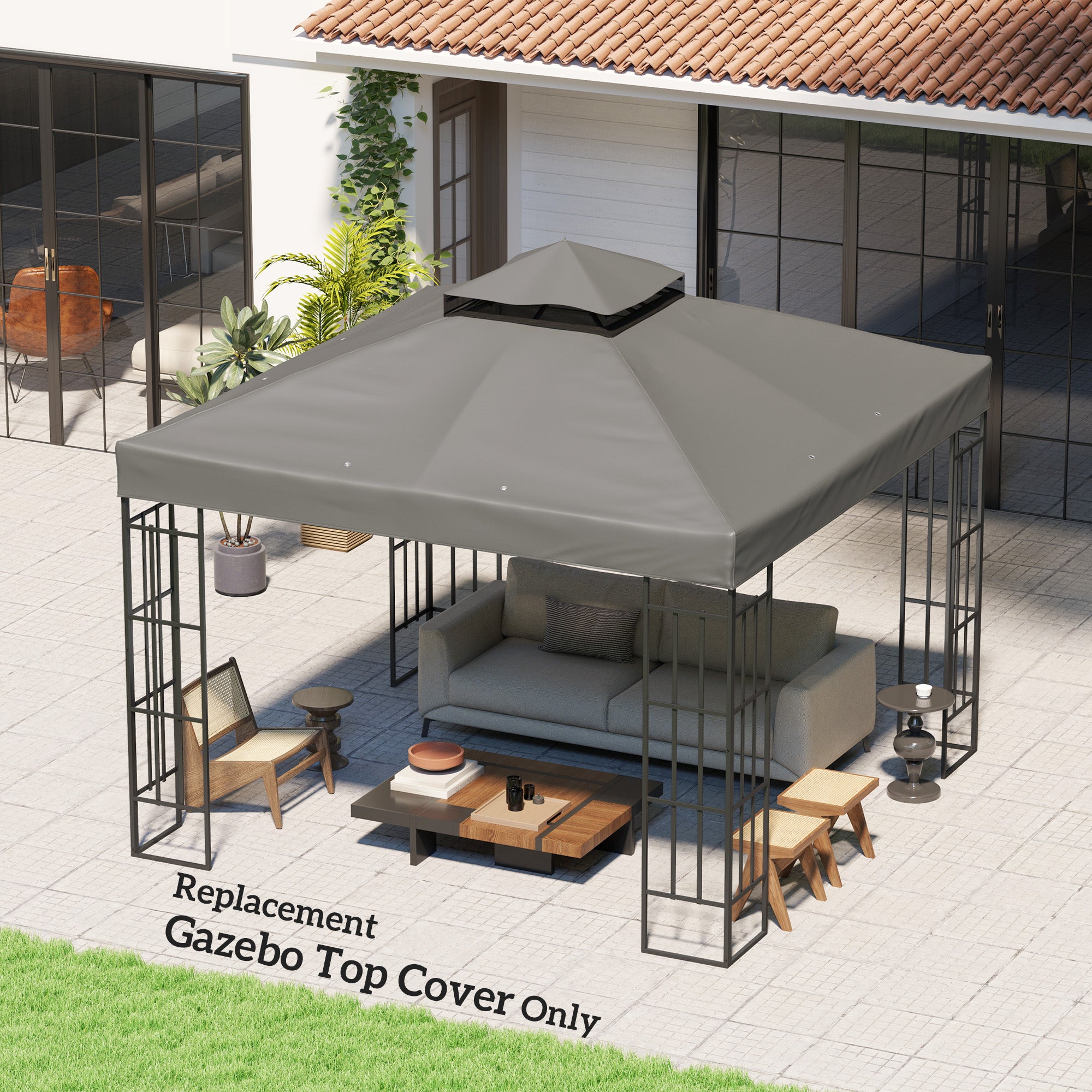 10' x 10' Replacement Gazebo Canopy Top — 2-Tier, Waterproof PVC-Coated 600D Oxford (370 g/m²), UPF30+, Drainage Holes, Gray