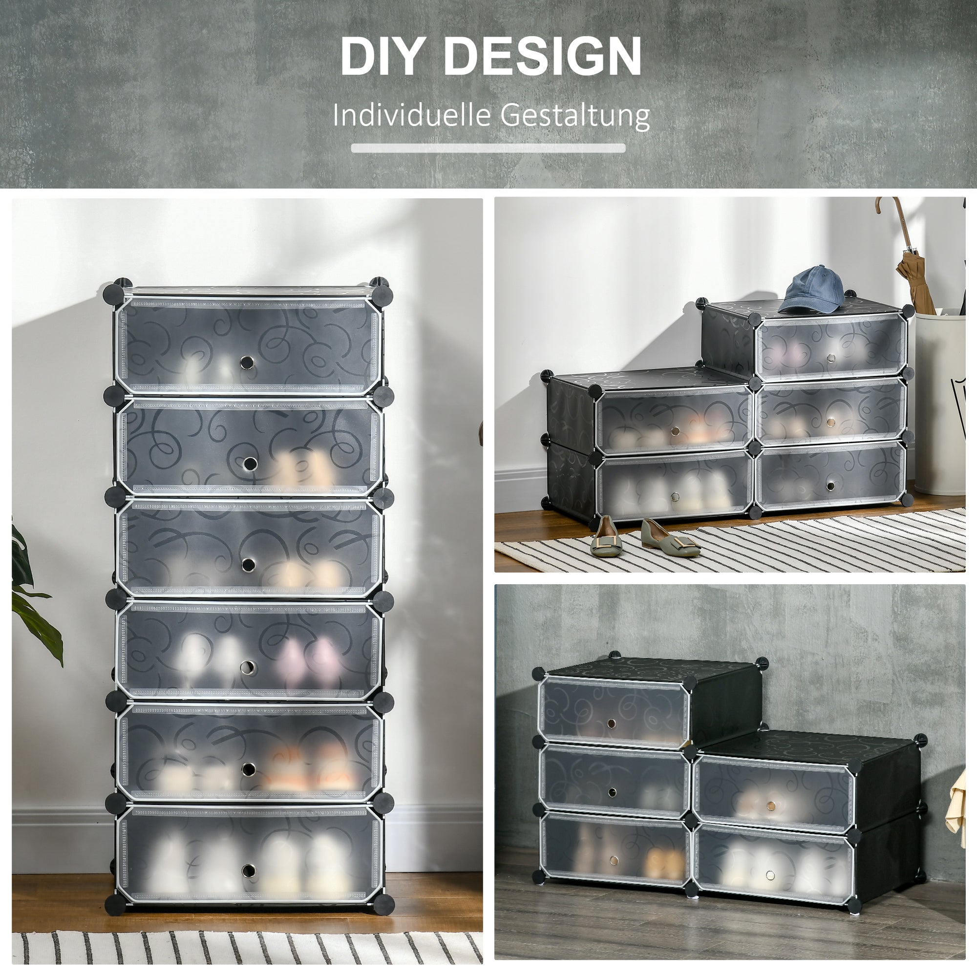 Plastic Shoe Rack Storage Shelf for 6 Pairs of Shoes Shoe Box for Hallway DIY Cube Shelf Shoe Storage Black 49 x 36.5 x 108cm