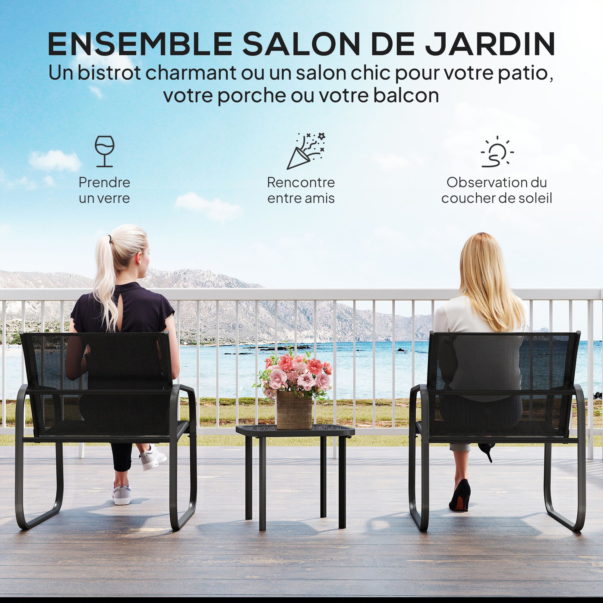 3-Piece Garden Bistro Set, Outdoor Garden Set for 2 People with 2 Mesh Chairs and Tempered Glass Coffee Table, Garden Furniture, Patio, Balcony, Veranda, Black