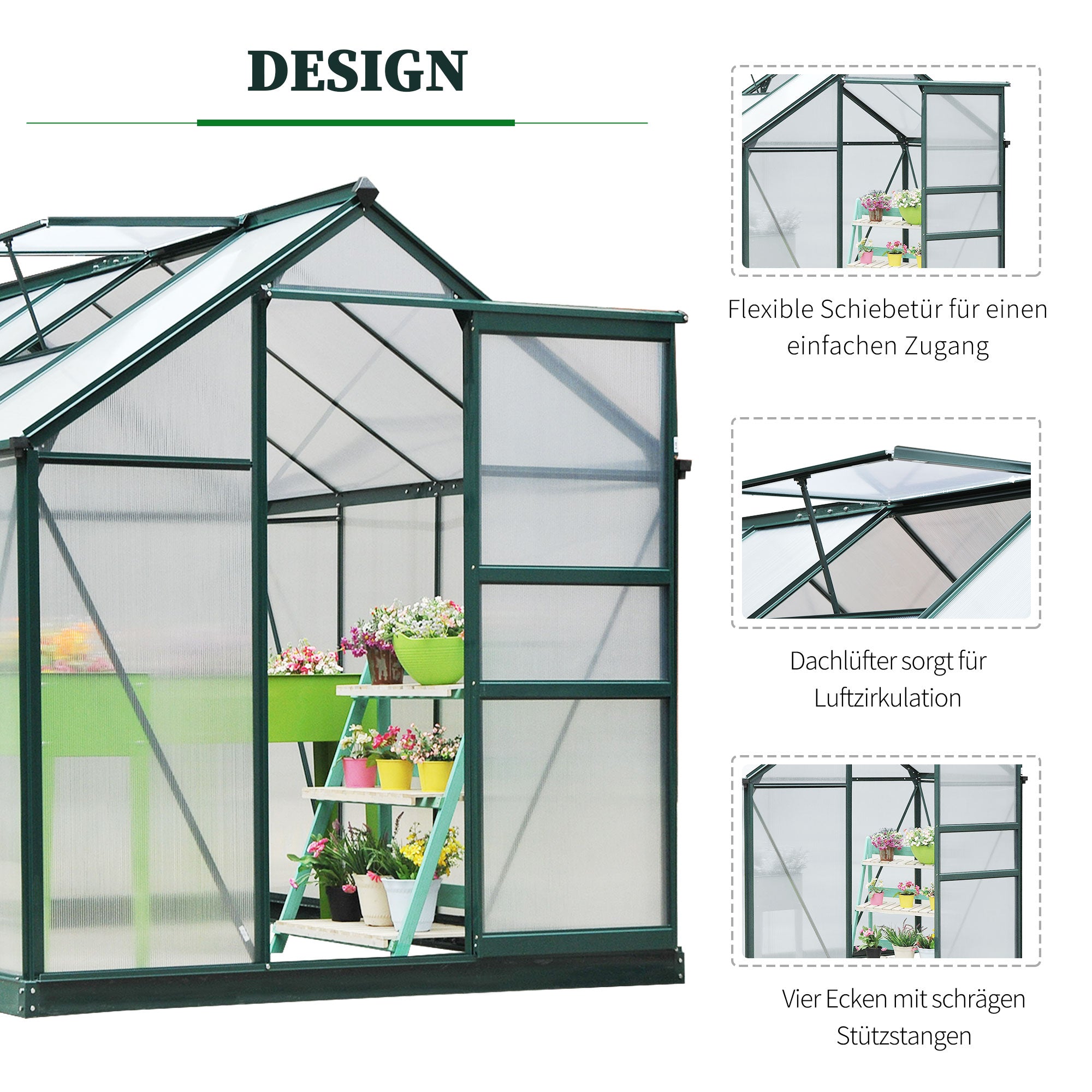 Greenhouse Aluminium Greenhouse with Roof Window Door 190 x 252 x 201 cm Plant House with Foundation Walk-In Tomato Greenhouse Weather-Resistant Polycarbonate Green+Transparent