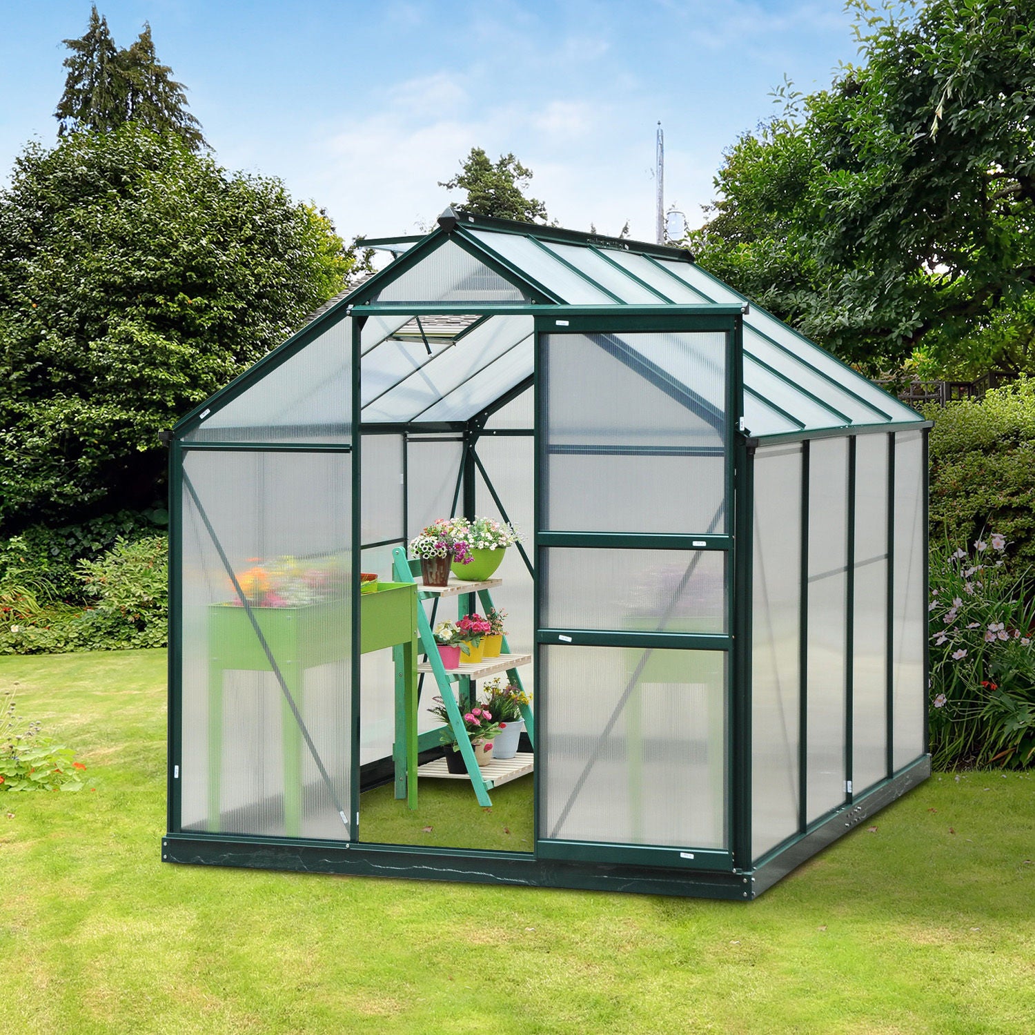 Greenhouse Aluminium Greenhouse with Roof Window Door 190 x 252 x 201 cm Plant House with Foundation Walk-In Tomato Greenhouse Weather-Resistant Polycarbonate Green+Transparent