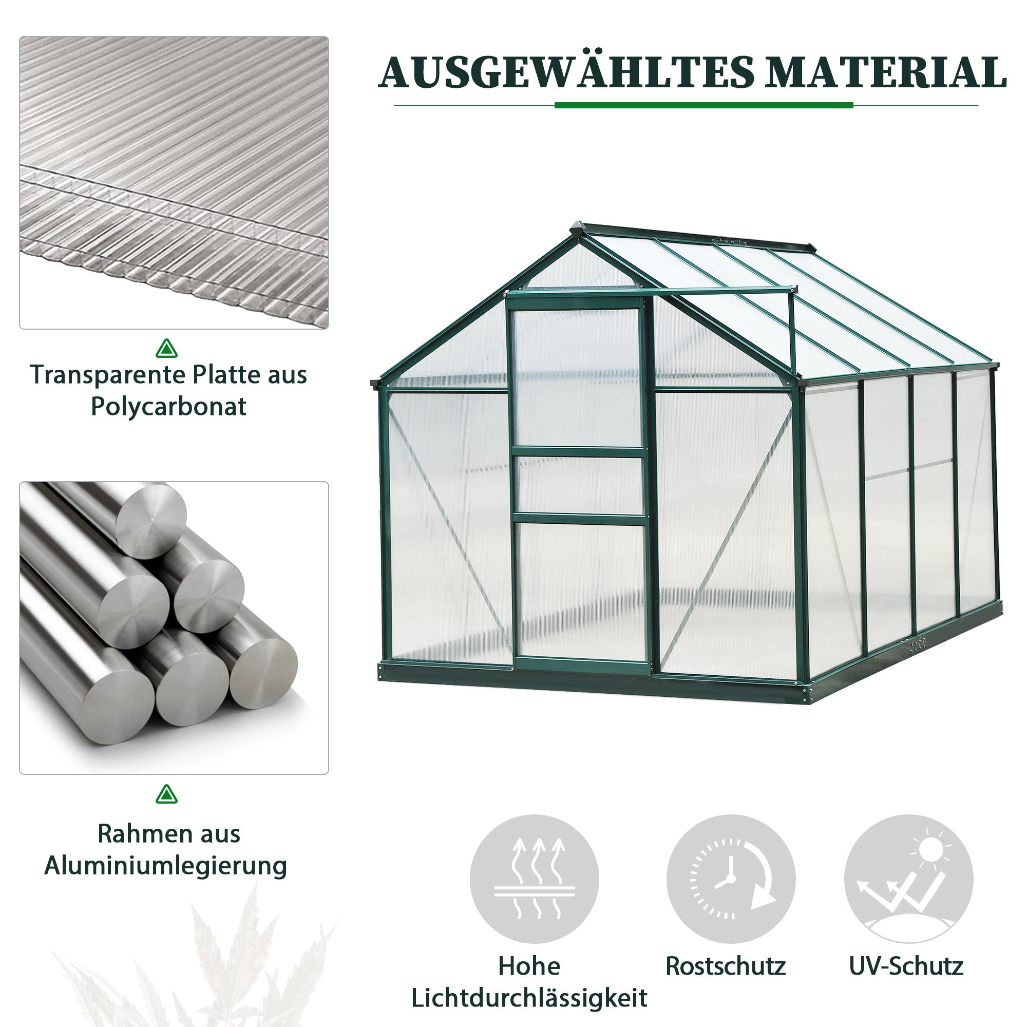 Greenhouse Aluminium Greenhouse with Roof Window Door 190 x 252 x 201 cm Plant House with Foundation Walk-In Tomato Greenhouse Weather-Resistant Polycarbonate Green+Transparent