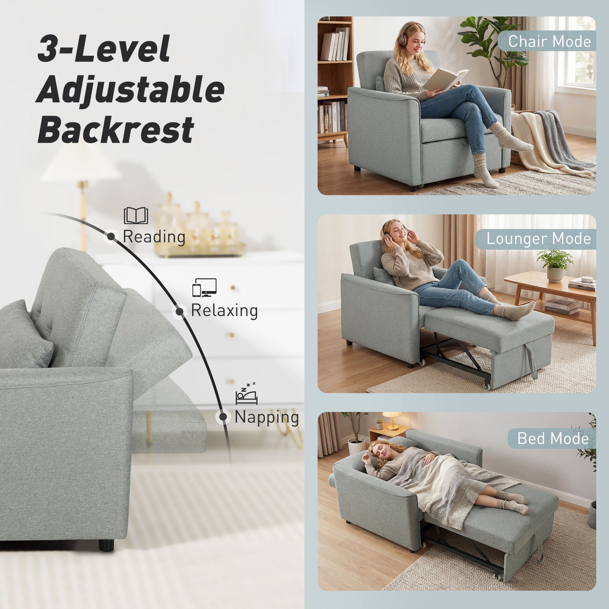 3-in-1 Convertible Sleeper Chair — Adjustable Backrest, Wide Seat, Lumbar Pillow, Linen-Look Sofa Bed, Gray