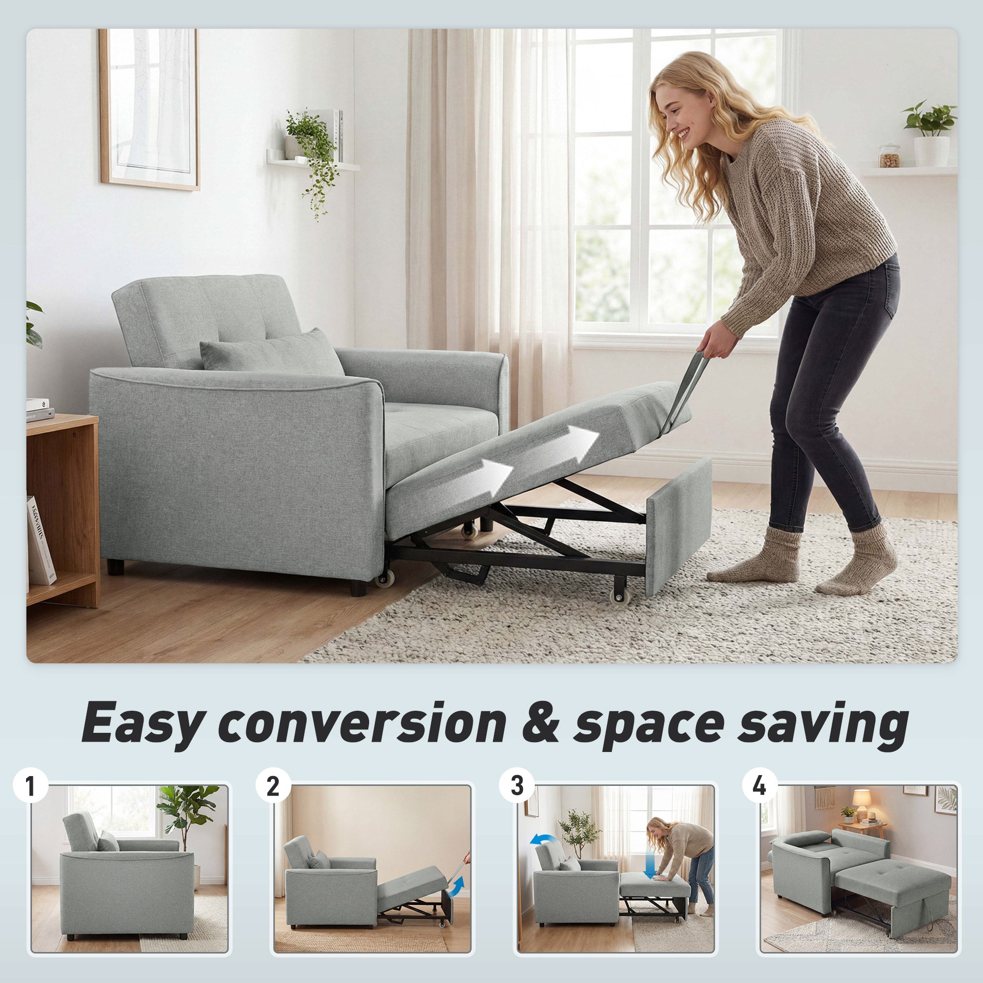 3-in-1 Convertible Sleeper Chair — Adjustable Backrest, Wide Seat, Lumbar Pillow, Linen-Look Sofa Bed, Gray