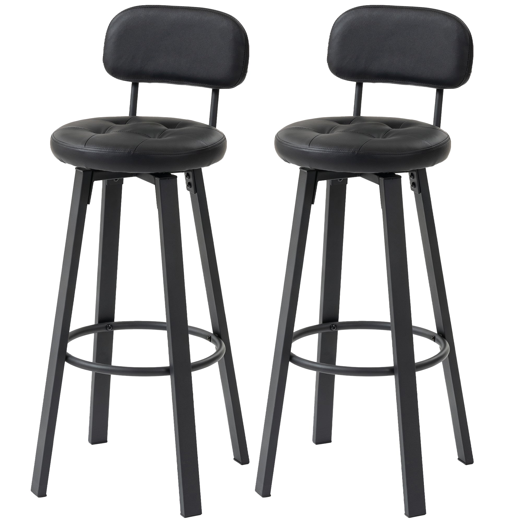 2-Pack Swivel Faux Leather Bar Stools with Backrest & Footrest, 30.1 in Seat Height, Black