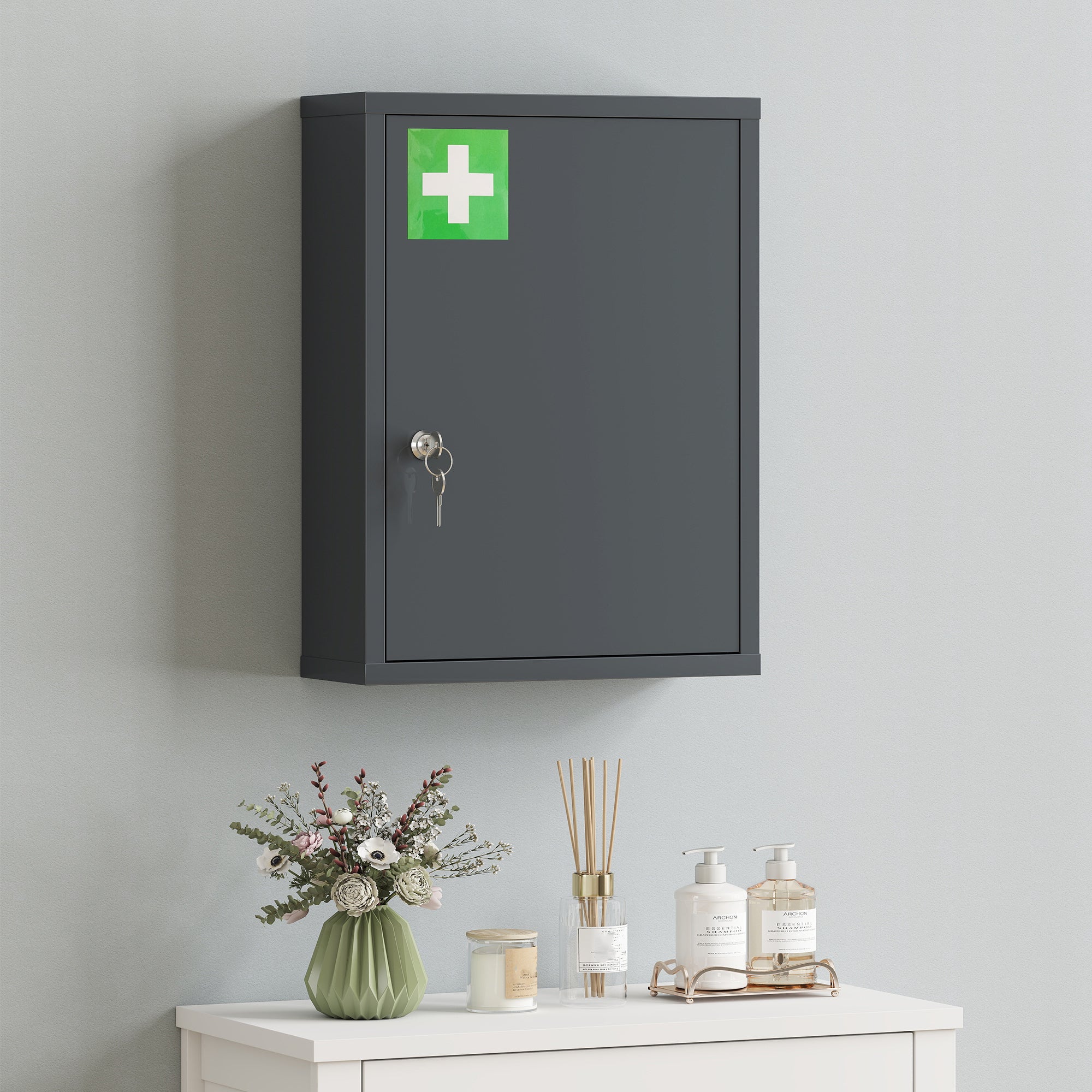 Lockable Medicine Cabinet — 3-Shelf Wall-Mount First Aid Cabinet with 2 Keys, Cold-Rolled Steel, Charcoal — 15.7 x 5.9 x 21.1 in (40 x 15 x 53.5 cm)