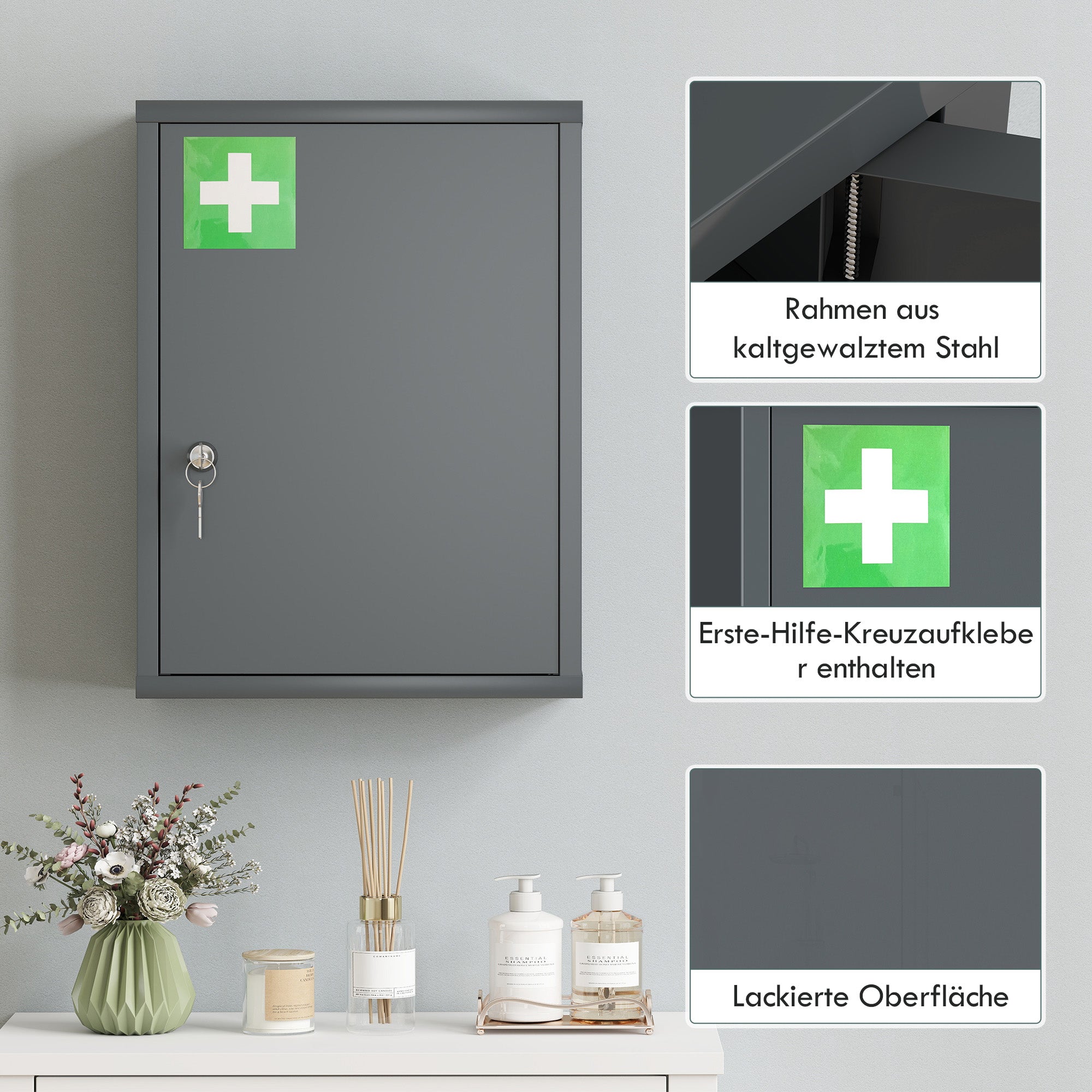 Lockable Medicine Cabinet — 3-Shelf Wall-Mount First Aid Cabinet with 2 Keys, Cold-Rolled Steel, Charcoal — 15.7 x 5.9 x 21.1 in (40 x 15 x 53.5 cm)