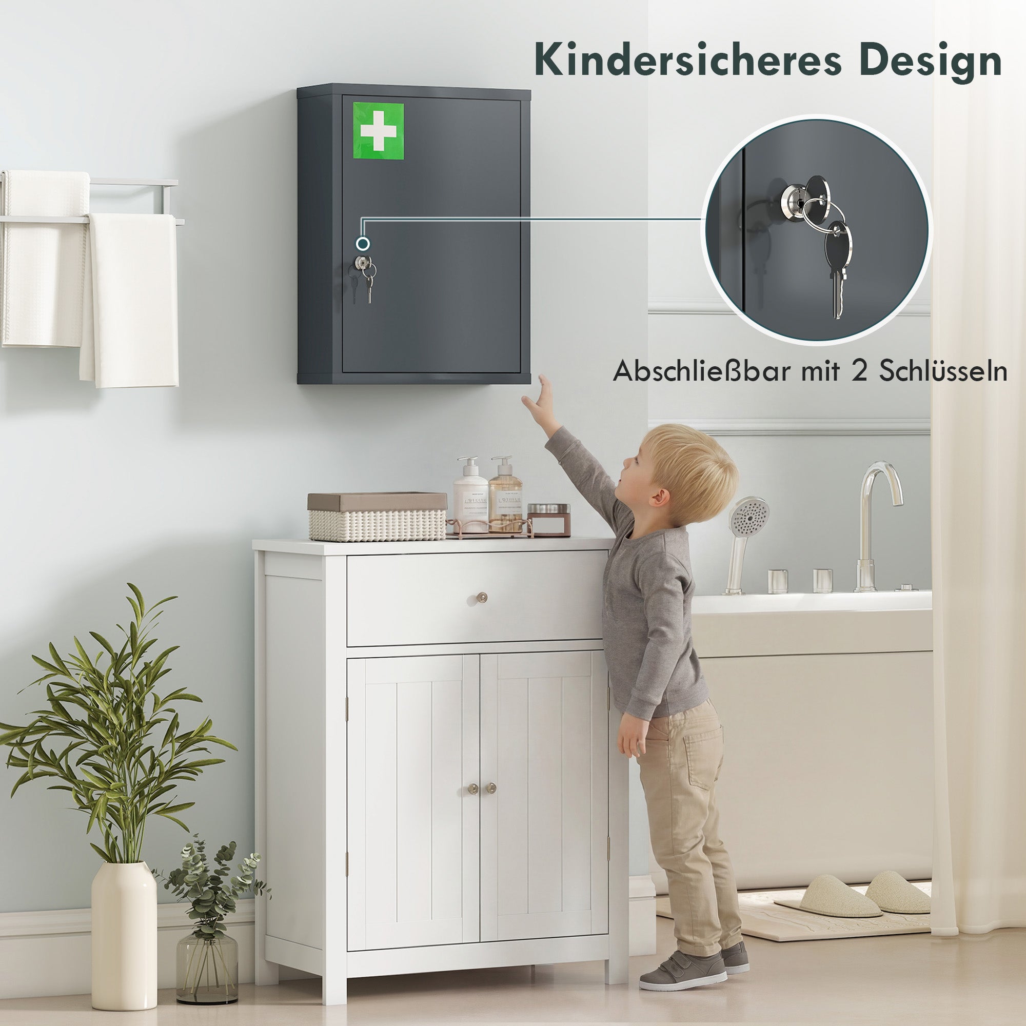 Lockable Medicine Cabinet — 3-Shelf Wall-Mount First Aid Cabinet with 2 Keys, Cold-Rolled Steel, Charcoal — 15.7 x 5.9 x 21.1 in (40 x 15 x 53.5 cm)