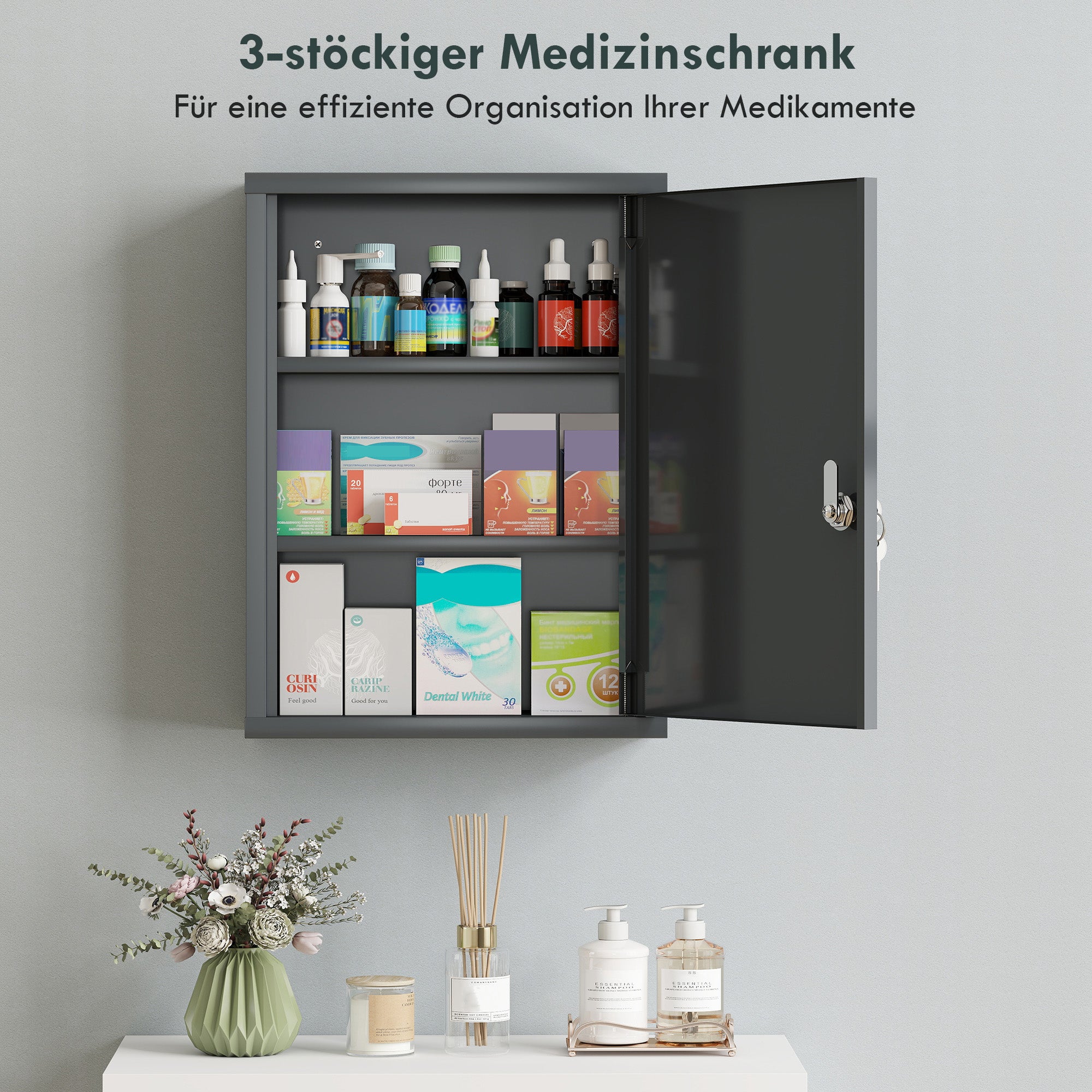 Lockable Medicine Cabinet — 3-Shelf Wall-Mount First Aid Cabinet with 2 Keys, Cold-Rolled Steel, Charcoal — 15.7 x 5.9 x 21.1 in (40 x 15 x 53.5 cm)