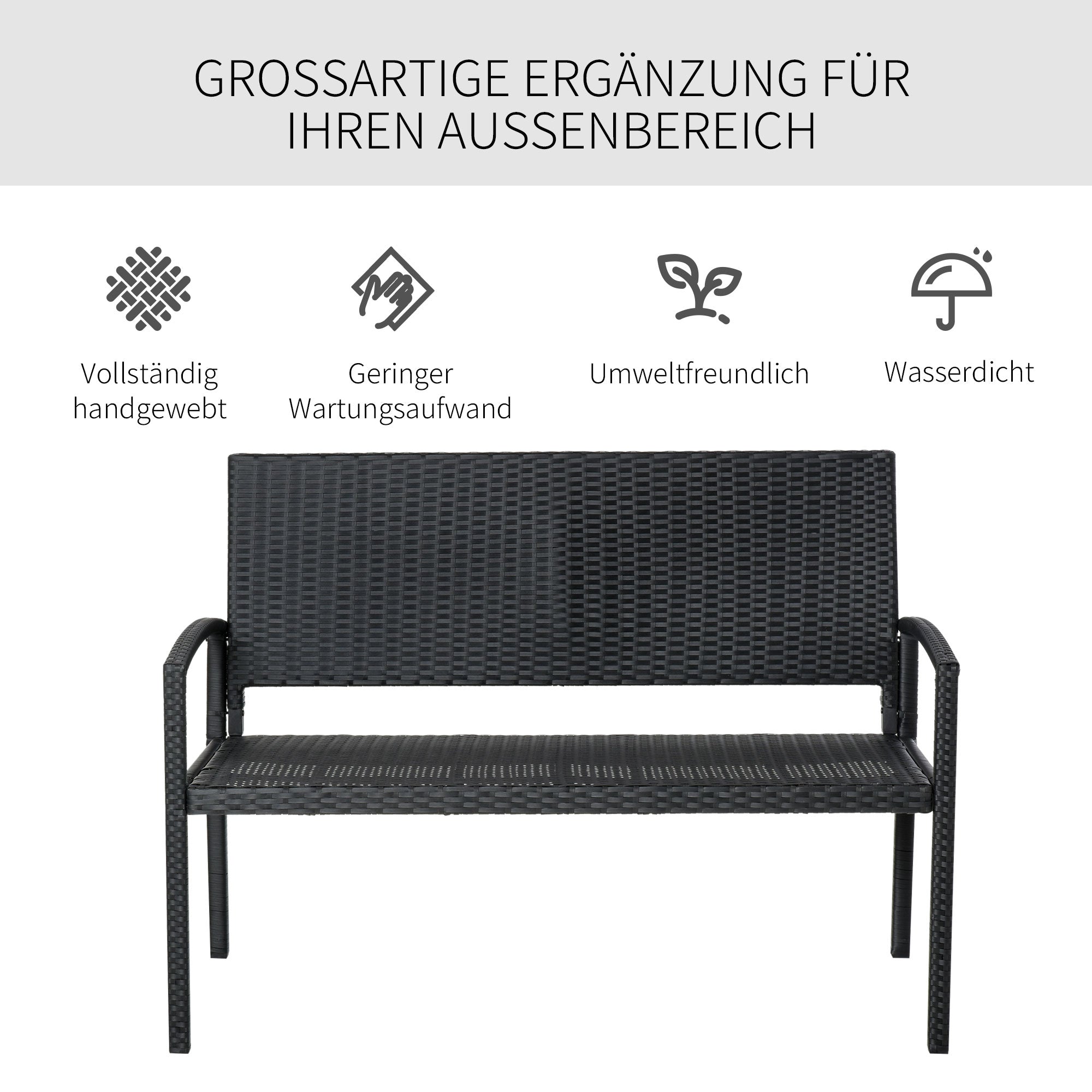 Poly Rattan Garden Bench 2-Seater UV-Resistant Bench with Ergonomic Armrests Backrest Garden Furniture Park Bench up to 240kg Load Capacity Patio Bench for Garden Terrace, 122x60x85cm, Black