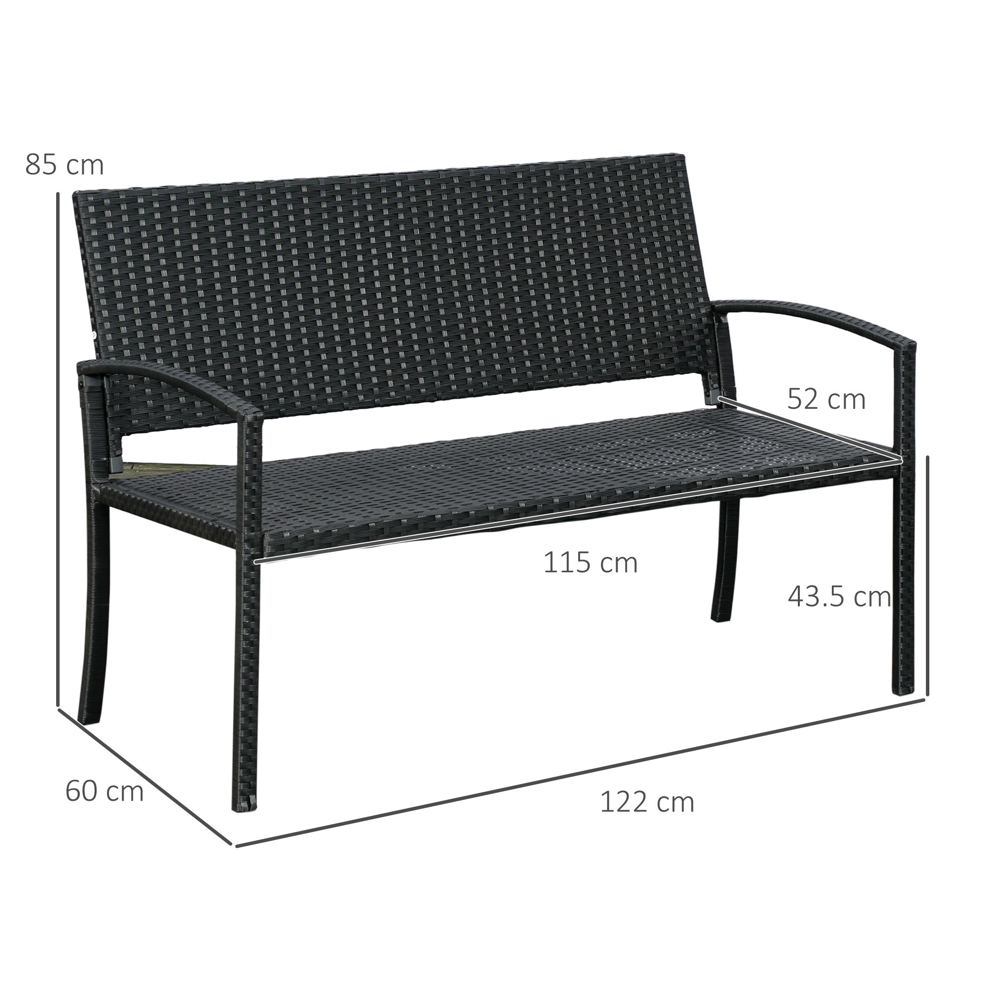 Poly Rattan Garden Bench 2-Seater UV-Resistant Bench with Ergonomic Armrests Backrest Garden Furniture Park Bench up to 240kg Load Capacity Patio Bench for Garden Terrace, 122x60x85cm, Black