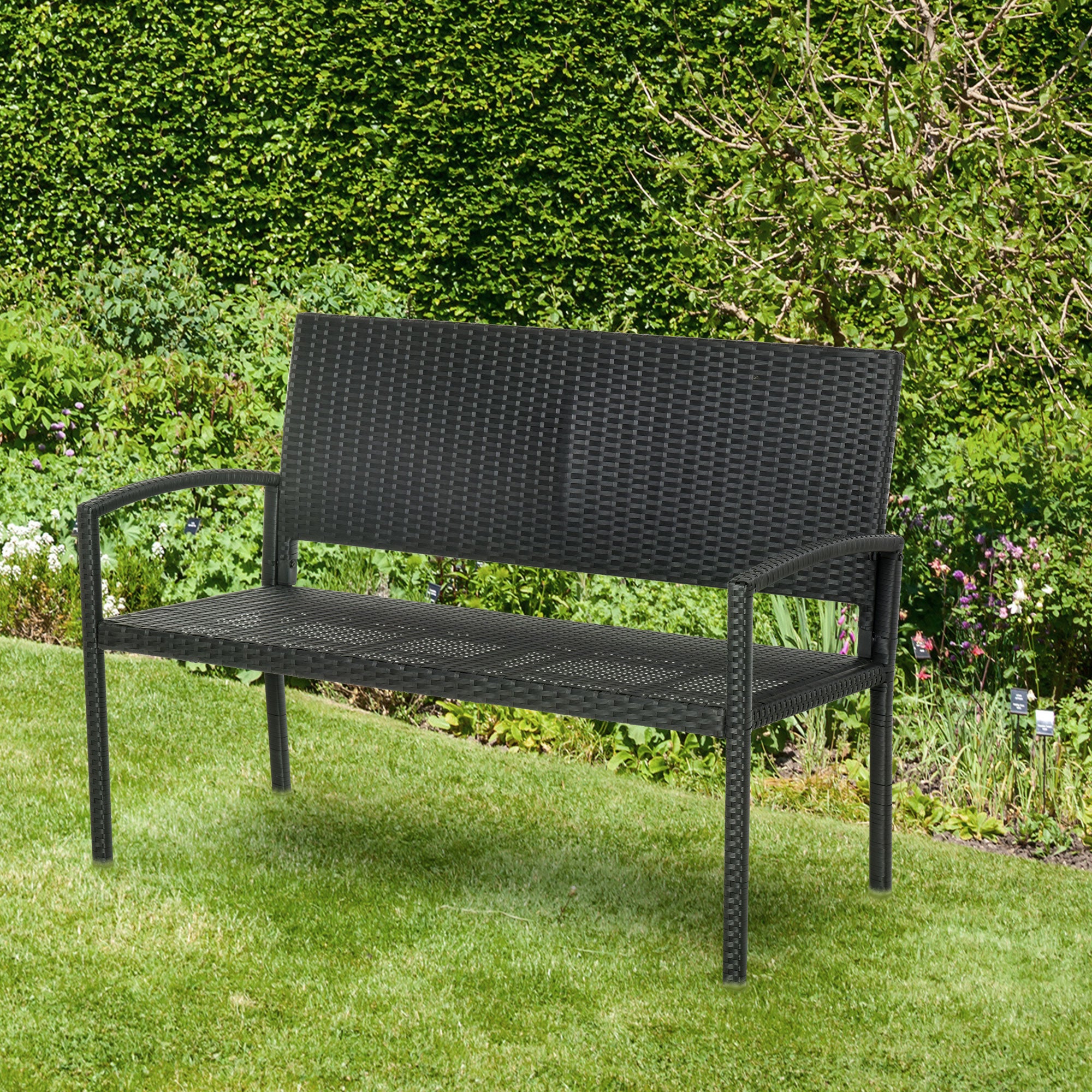 Poly Rattan Garden Bench 2-Seater UV-Resistant Bench with Ergonomic Armrests Backrest Garden Furniture Park Bench up to 240kg Load Capacity Patio Bench for Garden Terrace, 122x60x85cm, Black