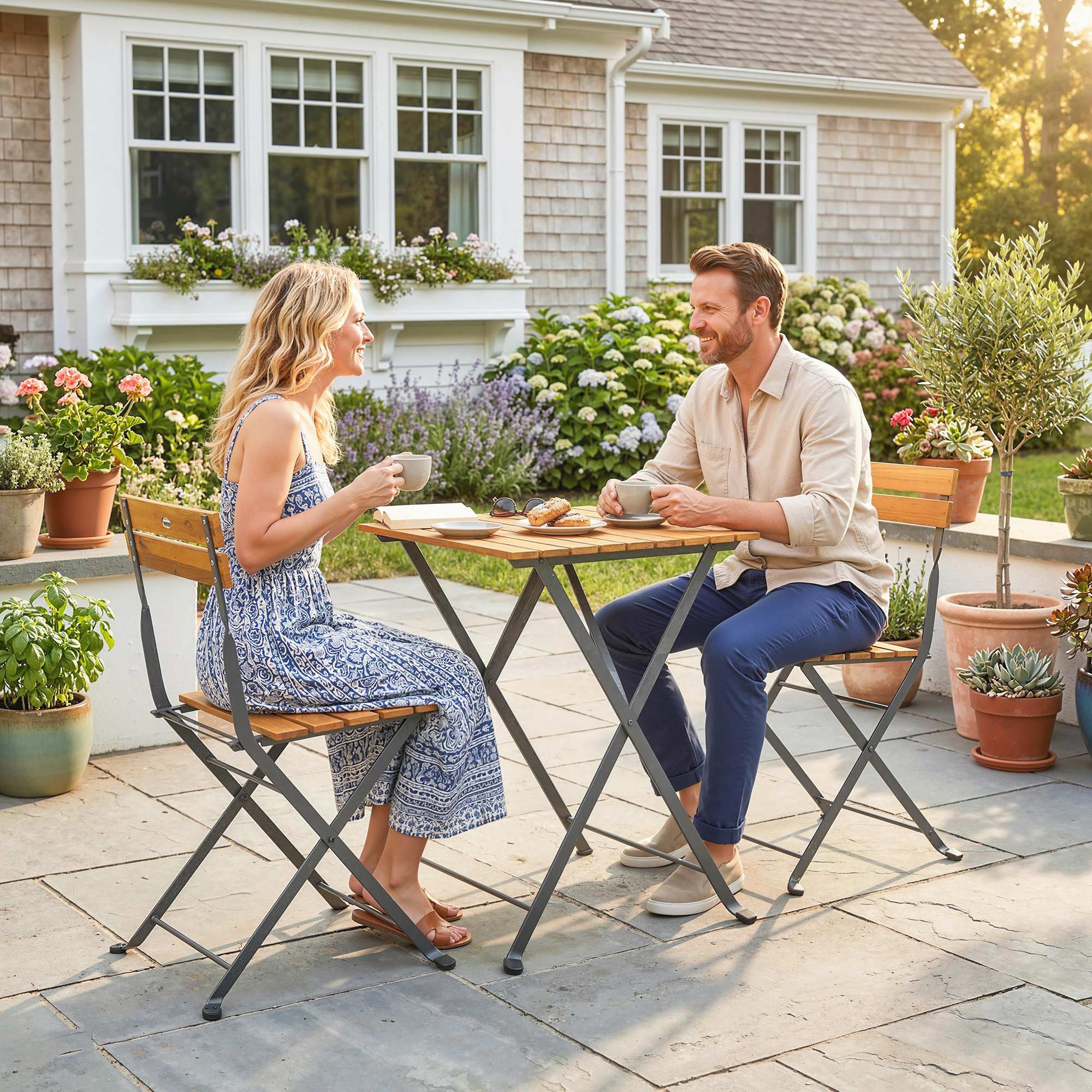 3-Piece Teak Bistro Set for 2 – Folding Table + 2 Folding Chairs, Steel-Frame Patio/Balcony Dining Set
