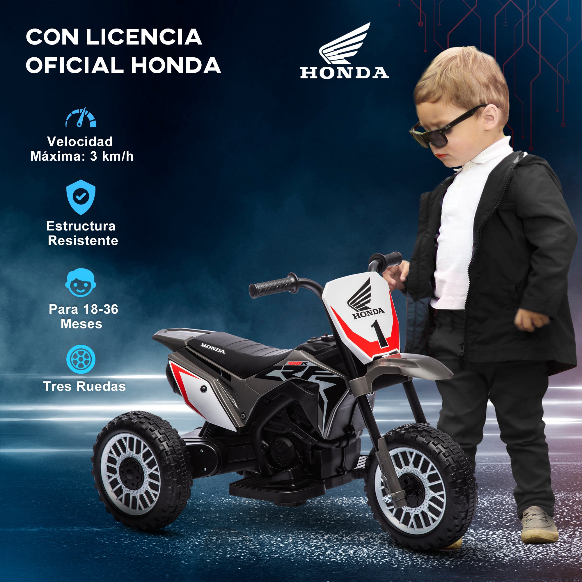 Honda CRF450RL Licensed Electric Motorcycle for Kids 18+ Months 6V Battery-Powered Motorbike with 3 km/h Speed Horn and Start Sound Load 25 kg 71x40.5x43.5 cm Gray