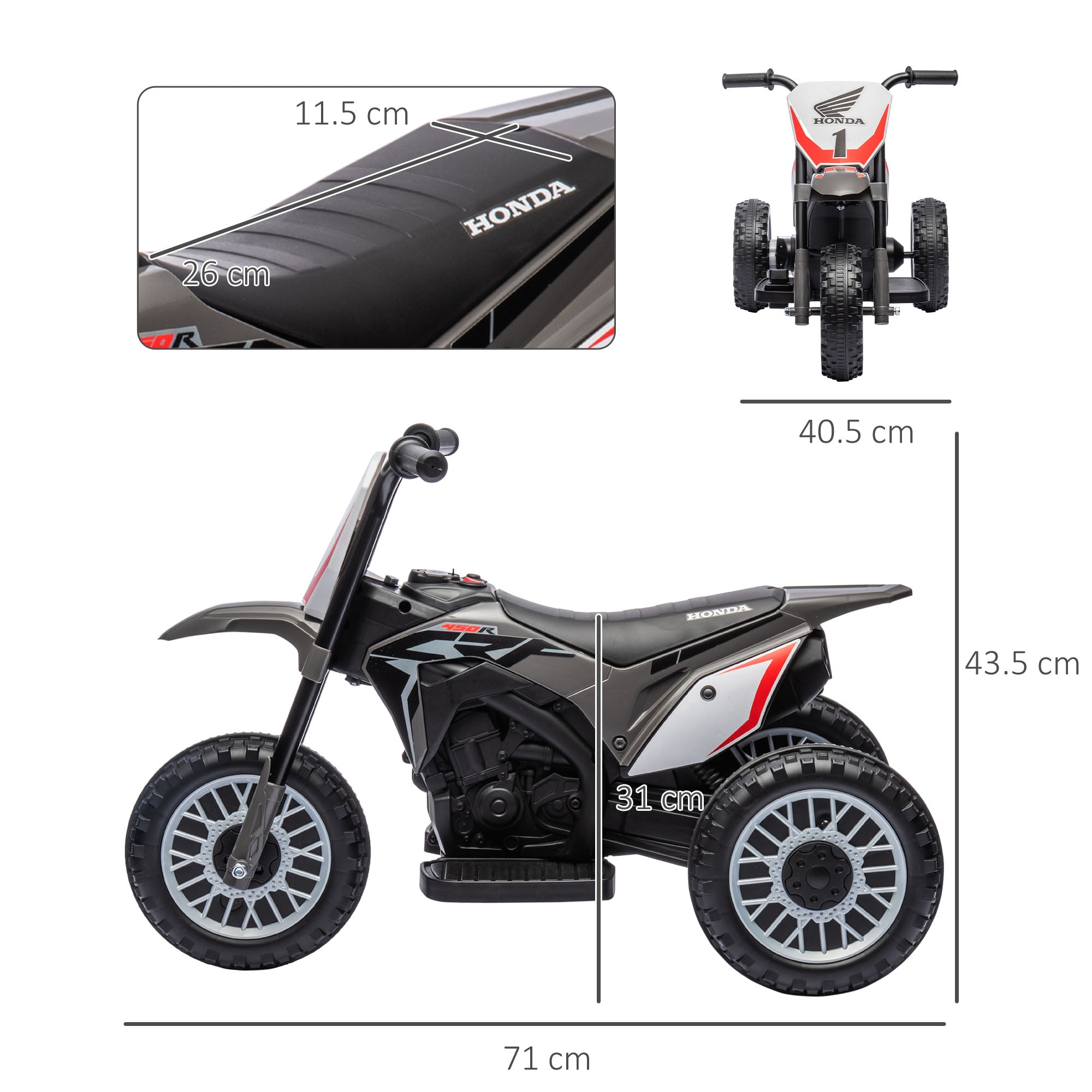 Honda CRF450RL Licensed Electric Motorcycle for Kids 18+ Months 6V Battery-Powered Motorbike with 3 km/h Speed Horn and Start Sound Load 25 kg 71x40.5x43.5 cm Gray