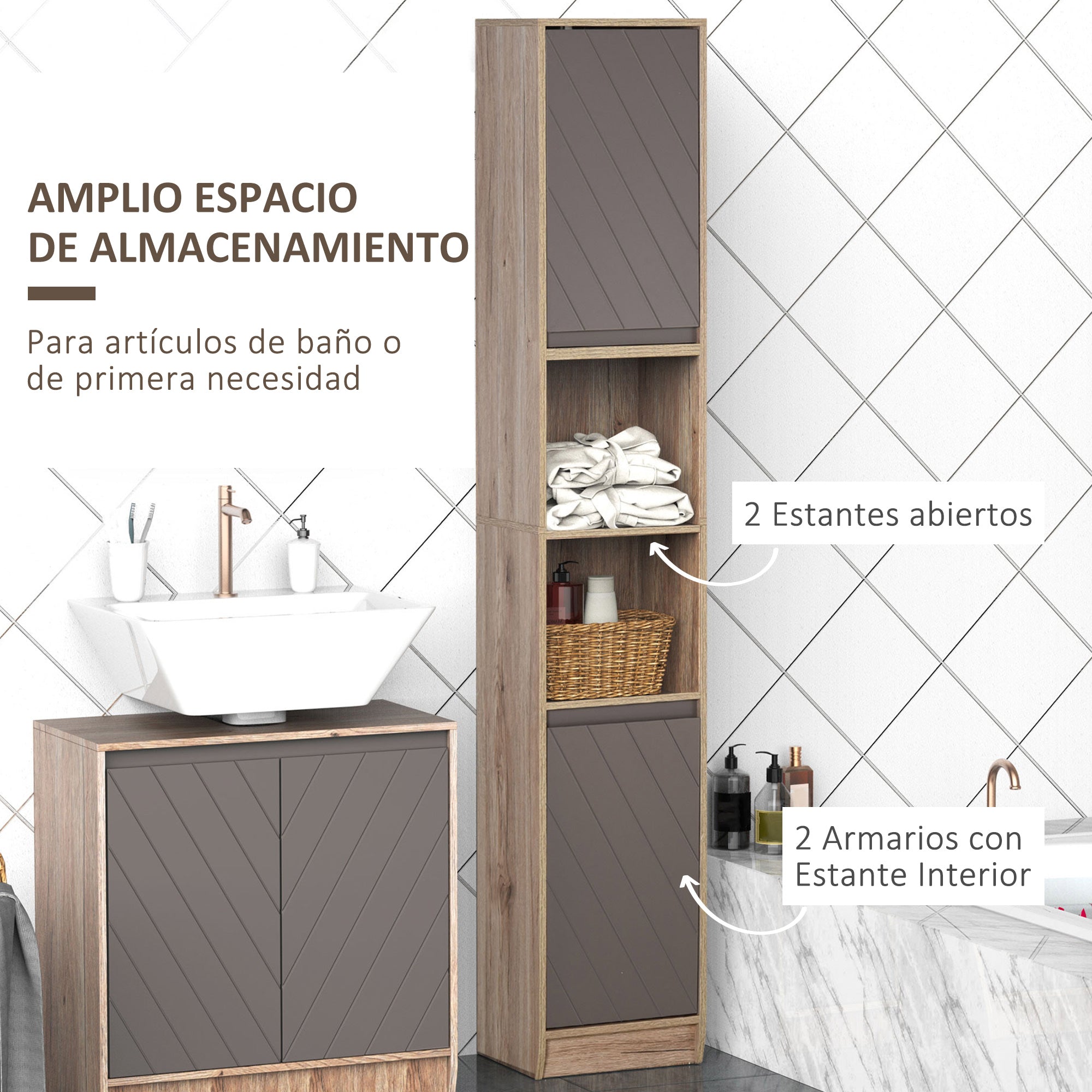 Tall Bathroom Cabinet Bathroom Column with 2 Doors and 2 Open Shelves Storage Furniture for Living Room Hallway 30x24x170 cm Oak and Gray