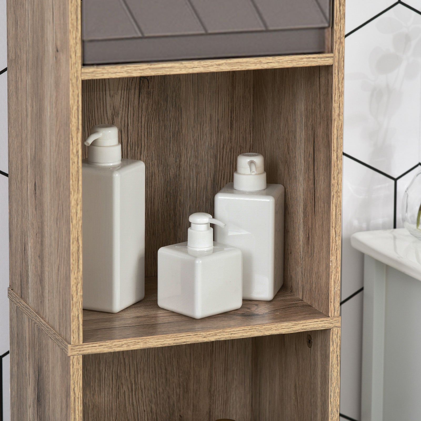 Tall Bathroom Cabinet Bathroom Column with 2 Doors and 2 Open Shelves Storage Furniture for Living Room Hallway 30x24x170 cm Oak and Gray
