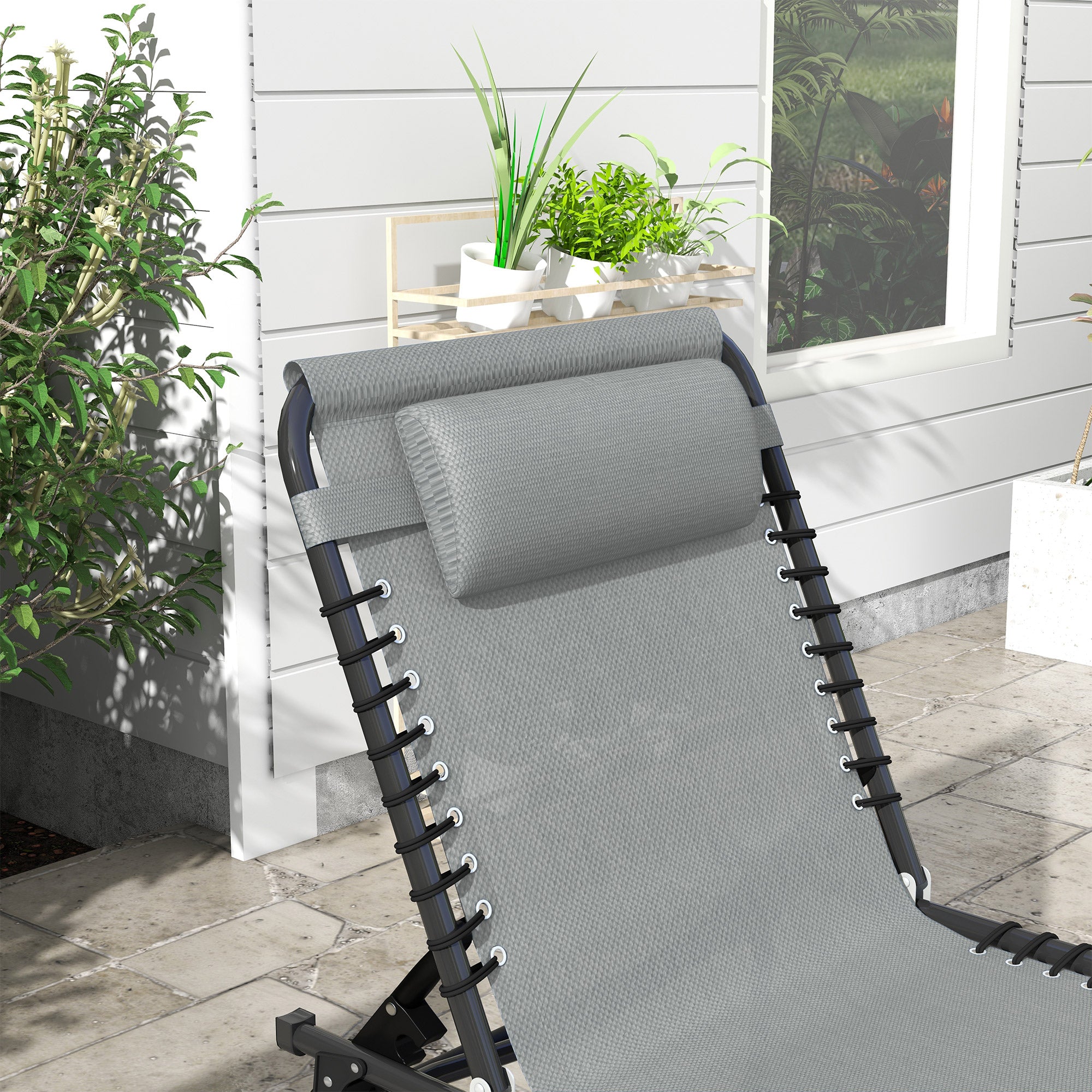 Folding Sun Lounger with 4-Position Adjustable Backrest and Head Cushion, Weather-Resistant Chaise Lounge for Camping, Garden, Beach & Pool — Light Gray, Up to 265 lb