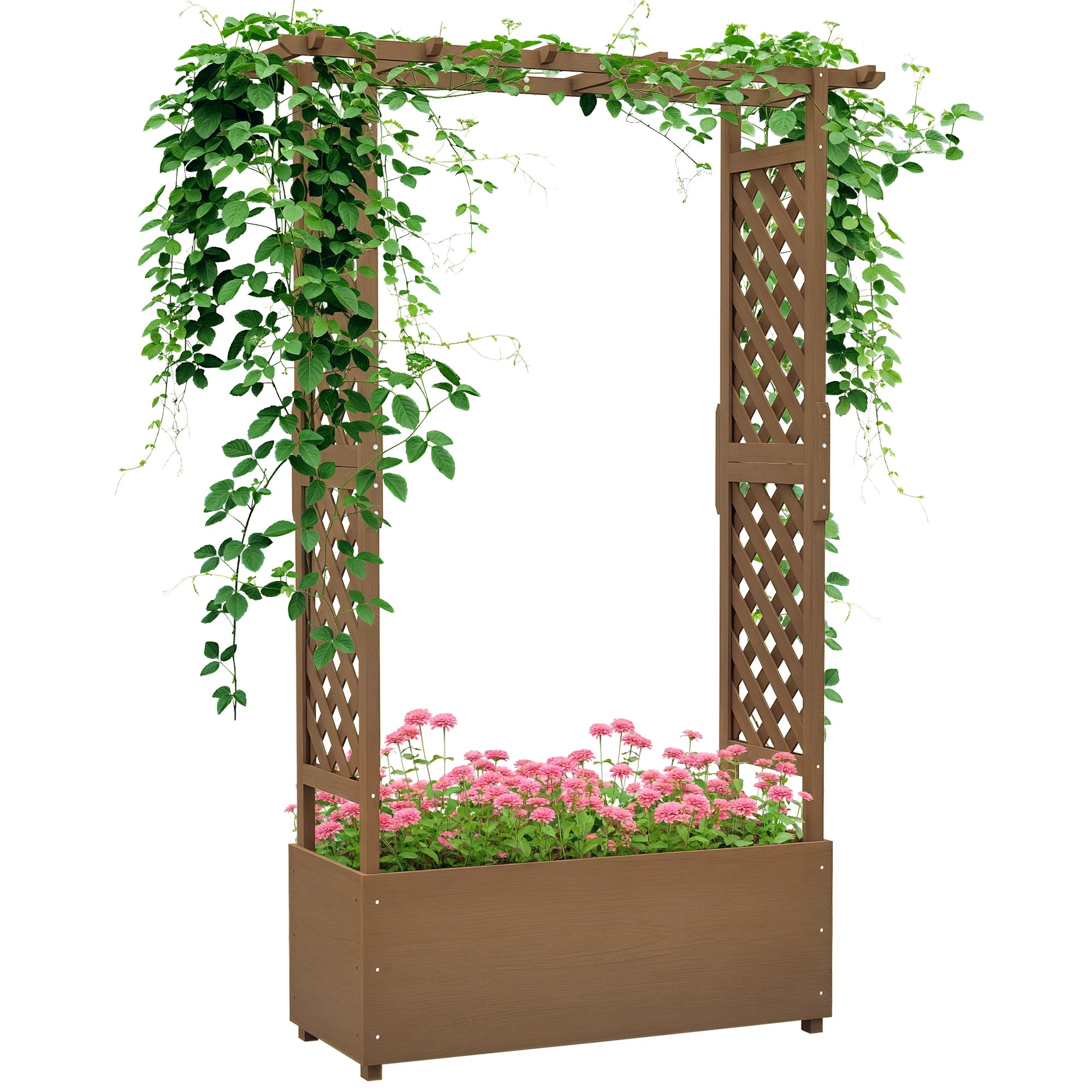 Planter with Trellis and Arch, Flower Bed with Drainage Hole and Liner, Garden Planting Bed for Climbing Plants, Solid Wood, 112 x 41 x 180 cm, Brown
