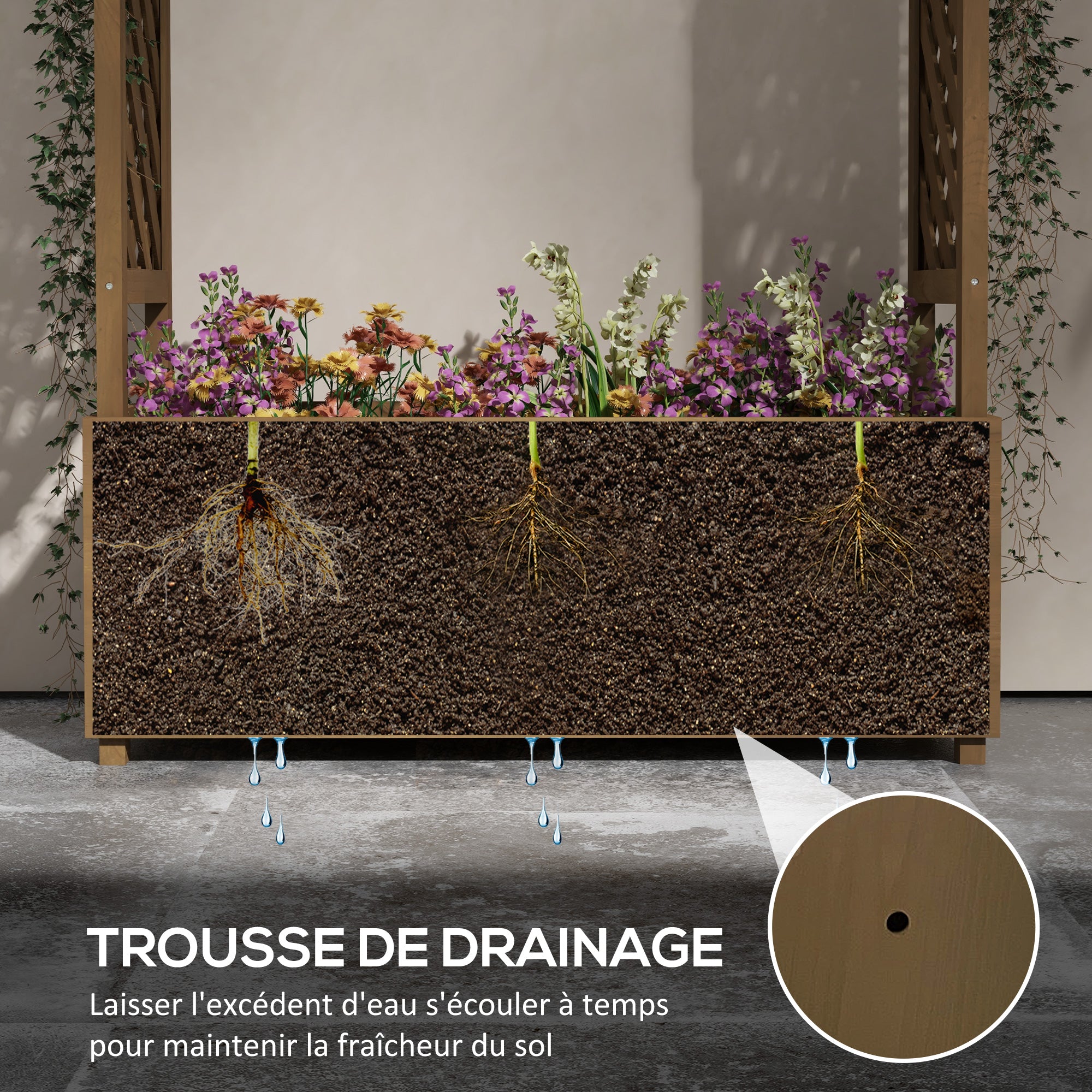 Planter with Trellis and Arch, Flower Bed with Drainage Hole and Liner, Garden Planting Bed for Climbing Plants, Solid Wood, 112 x 41 x 180 cm, Brown