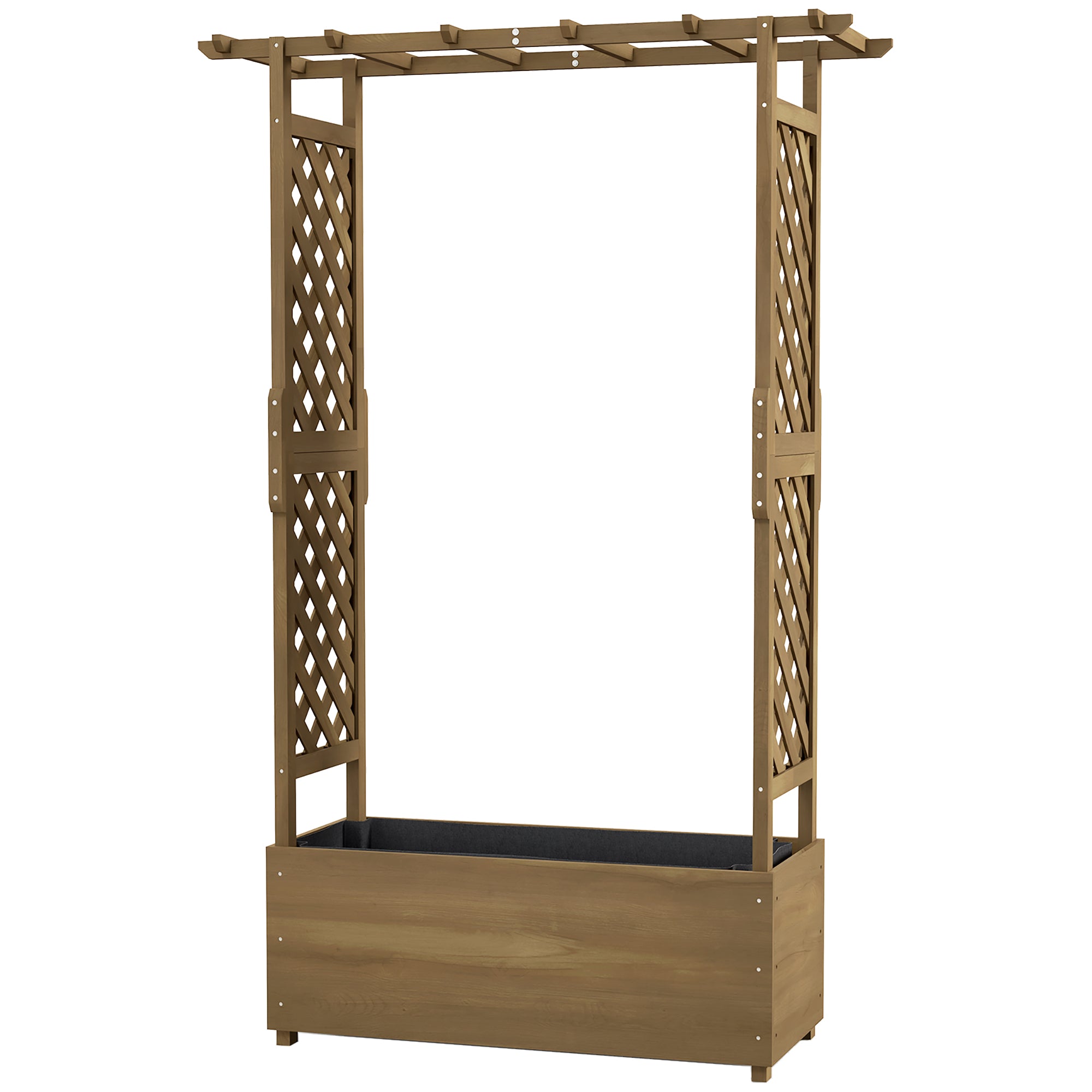 Planter with Trellis and Arch, Flower Bed with Drainage Hole and Liner, Garden Planting Bed for Climbing Plants, Solid Wood, 112 x 41 x 180 cm, Brown