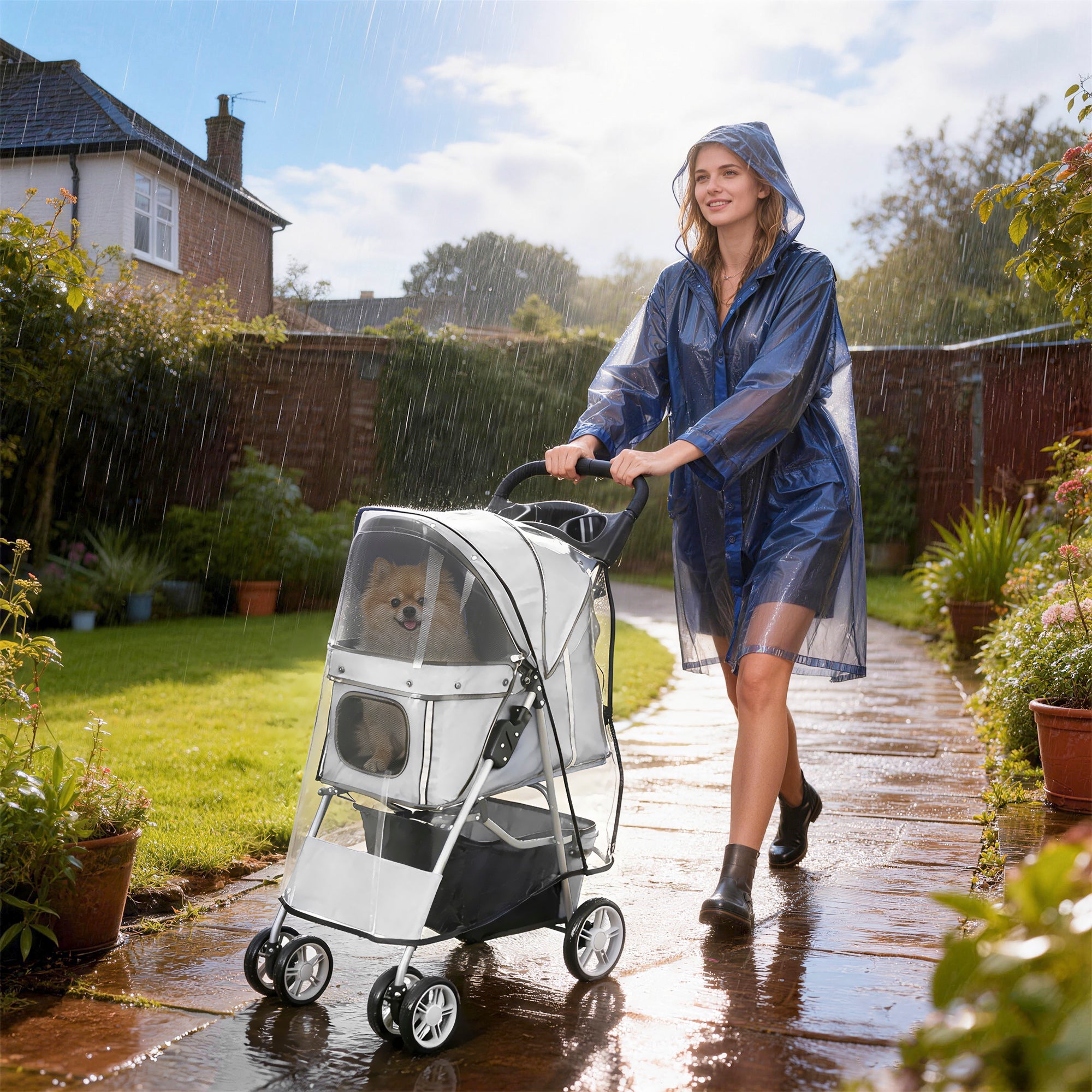 Foldable Pet Stroller Buggy — Waterproof, Rain Cover Included, Cup Holder & Storage Basket, Wheels with Brake, 600D Oxford, Steel Frame — Gray