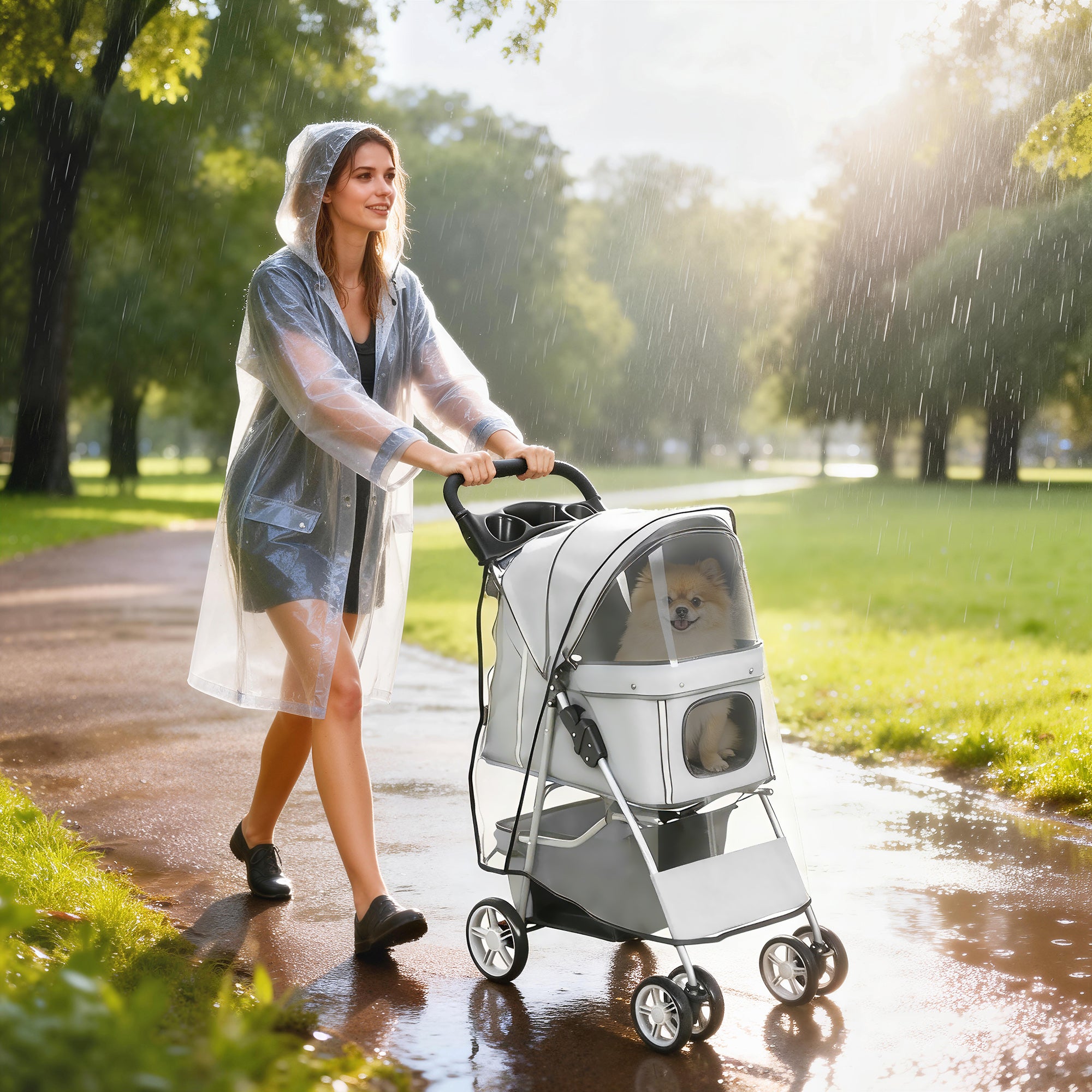 Foldable Pet Stroller Buggy — Waterproof, Rain Cover Included, Cup Holder & Storage Basket, Wheels with Brake, 600D Oxford, Steel Frame — Gray