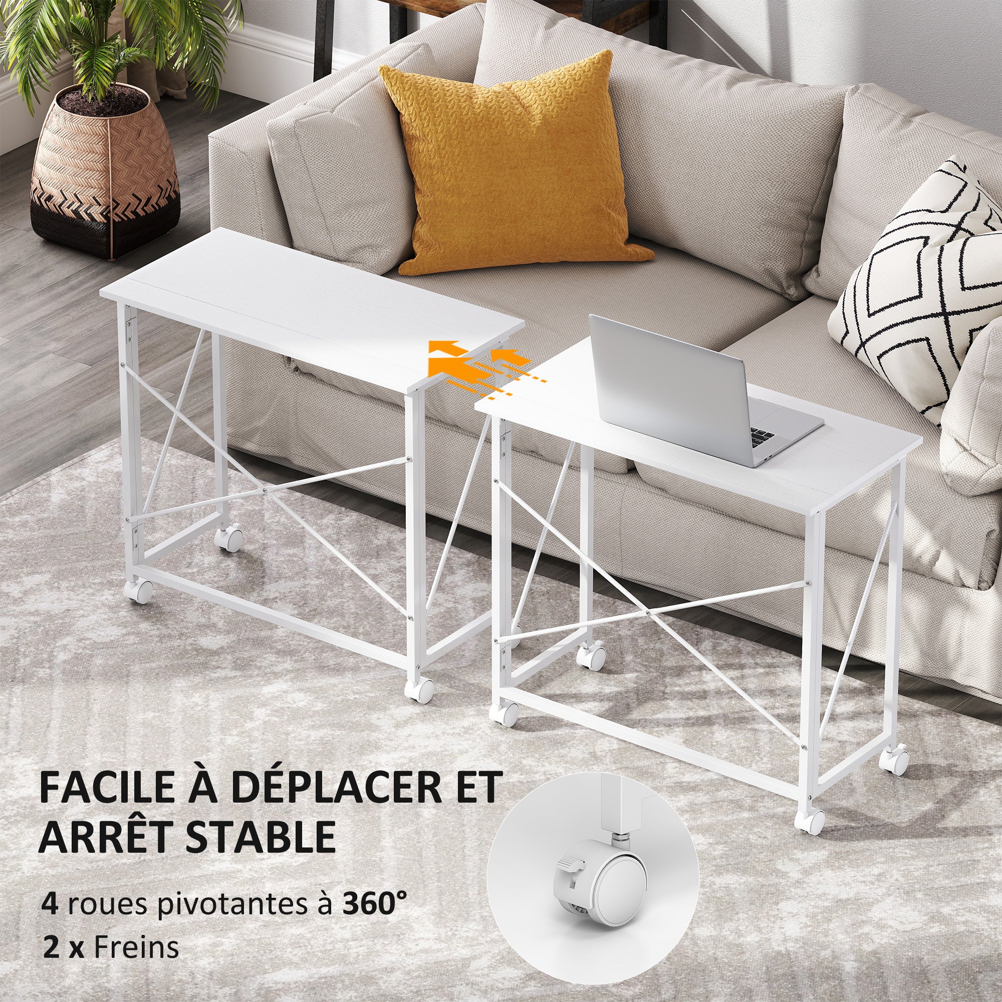 Folding Computer Desk, 31.5 x 15.7 in, Rolling Modern Desk for Home, Bedroom & Small Spaces, White