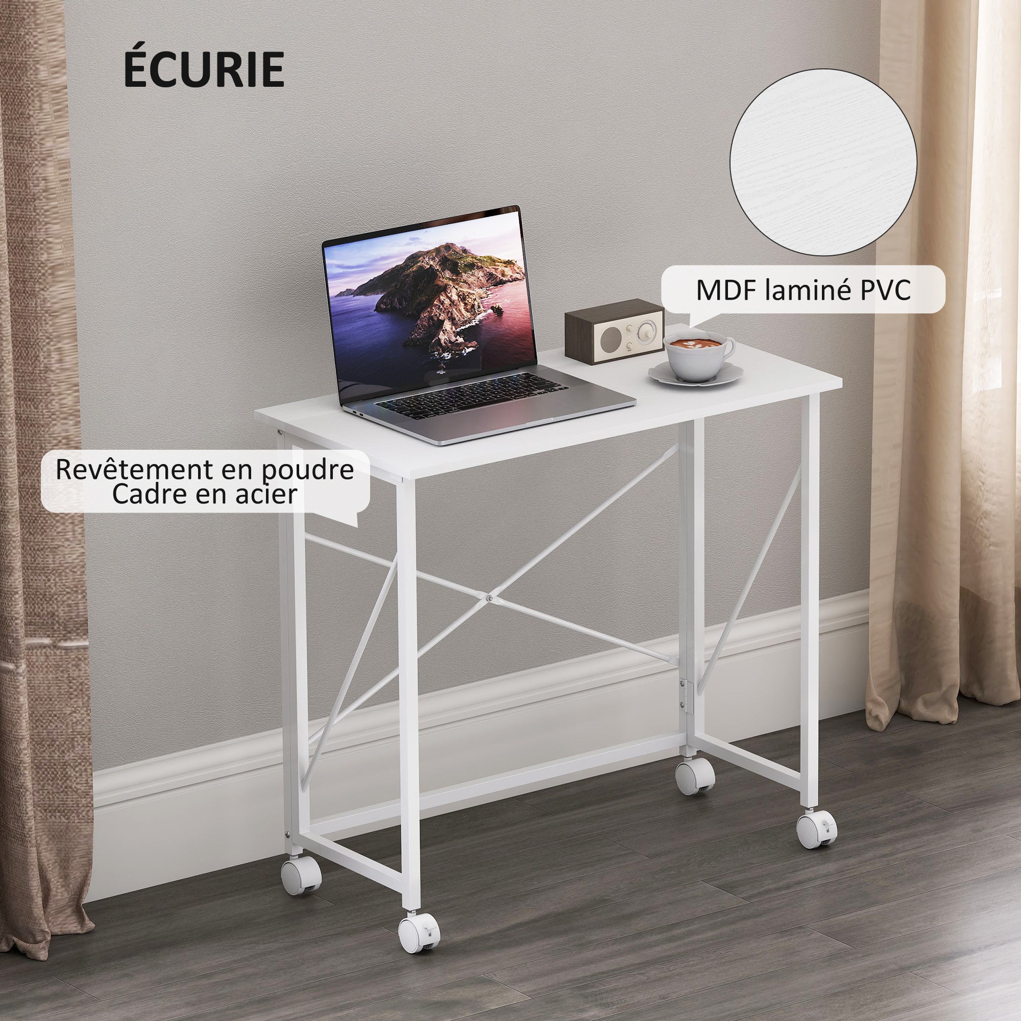 Folding Computer Desk, 31.5 x 15.7 in, Rolling Modern Desk for Home, Bedroom & Small Spaces, White